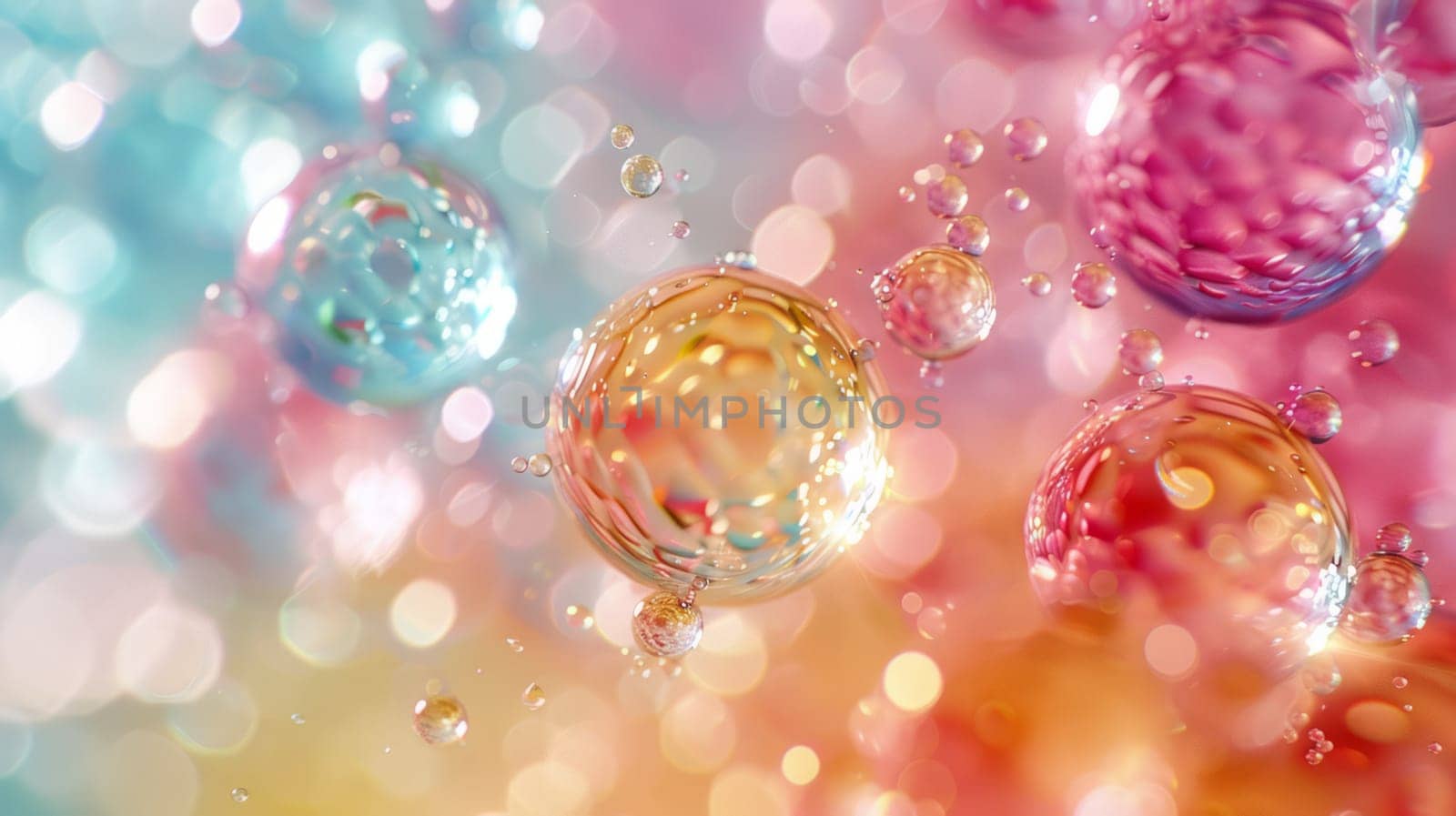 Close-up of multi-colored bubbles floating on light abstract background. Copy space