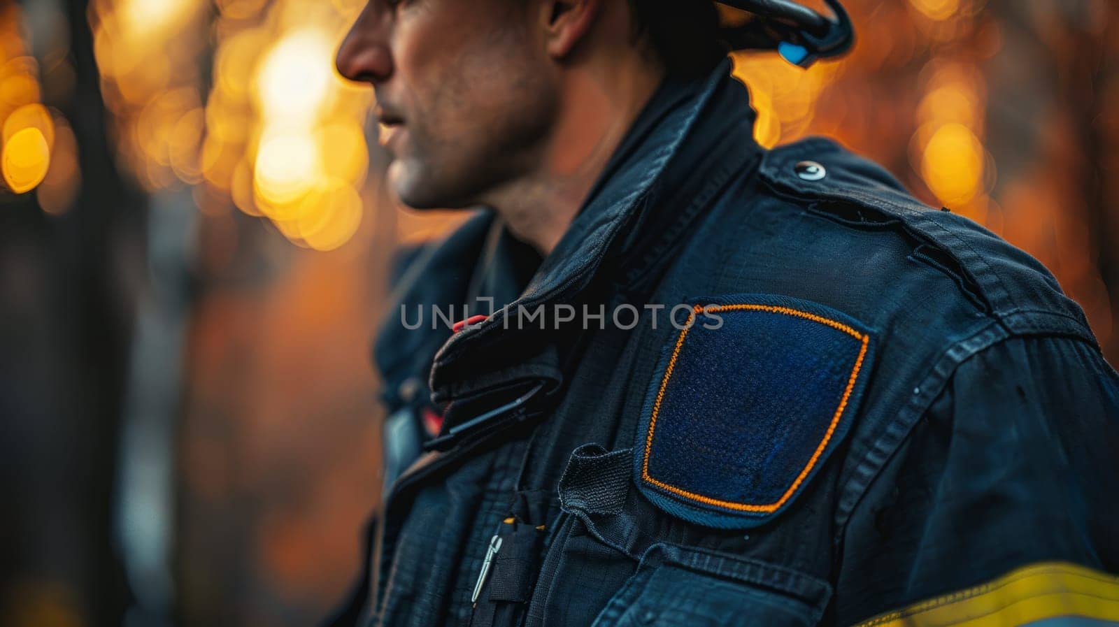 Close-up profile shot of a focused uniformed firefighter against a sunset forest backdrop