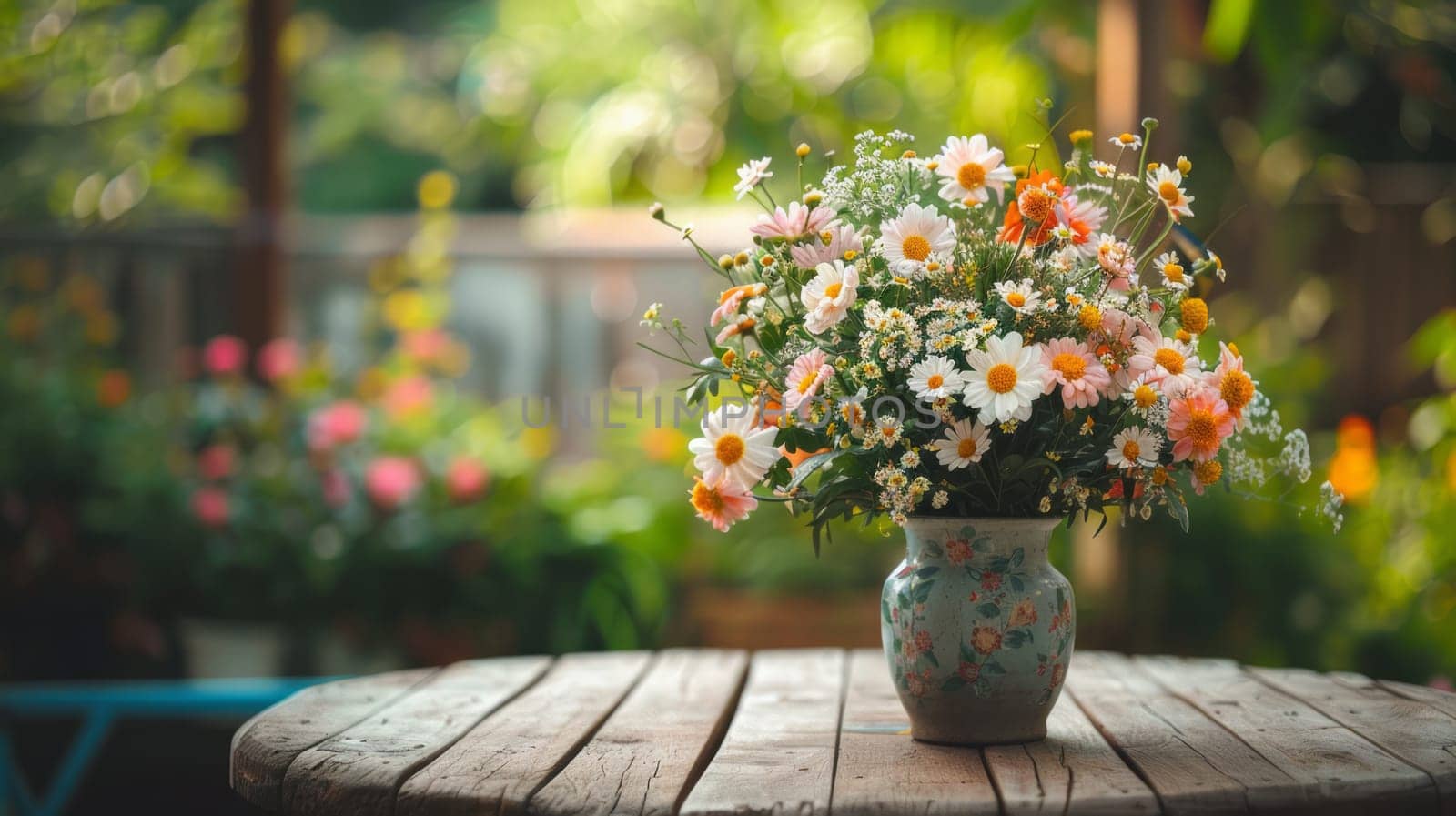An adorable bouquet of wildflowers in a decorative vase stands on a rustic wooden table in the garden against a background of softly eroded greenery and flowers. Copy space