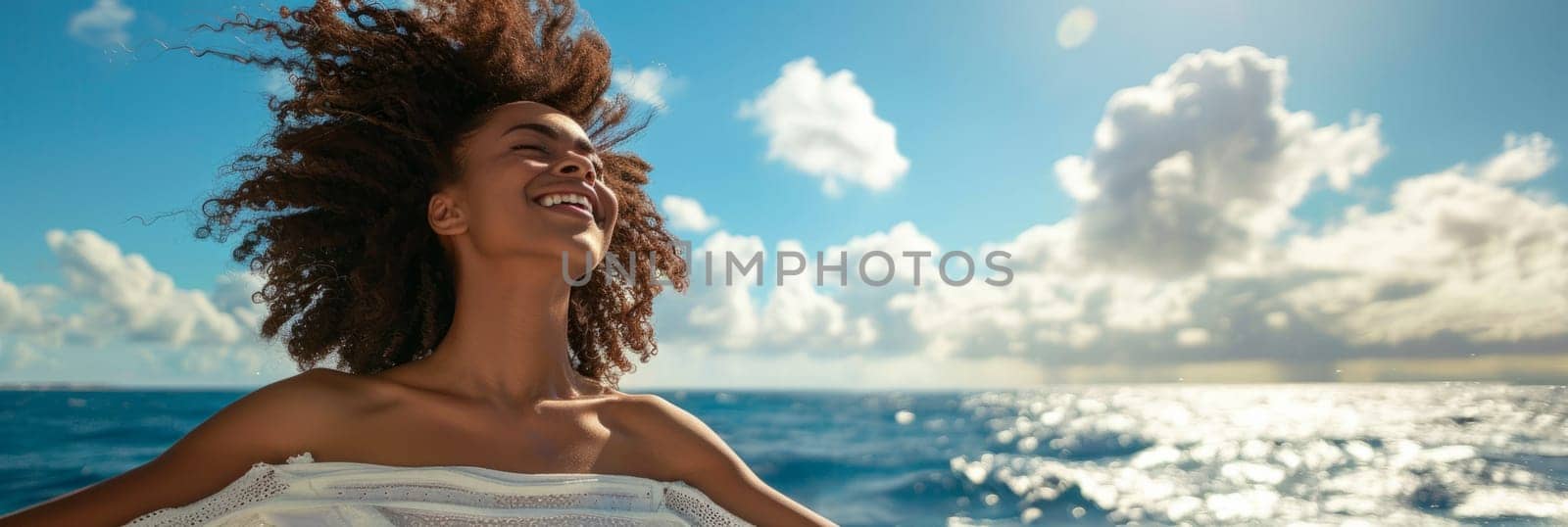 Woman in a light light dress on a yacht against the background of blue sky, smiling brightly and looking at the sky, feeling the wind