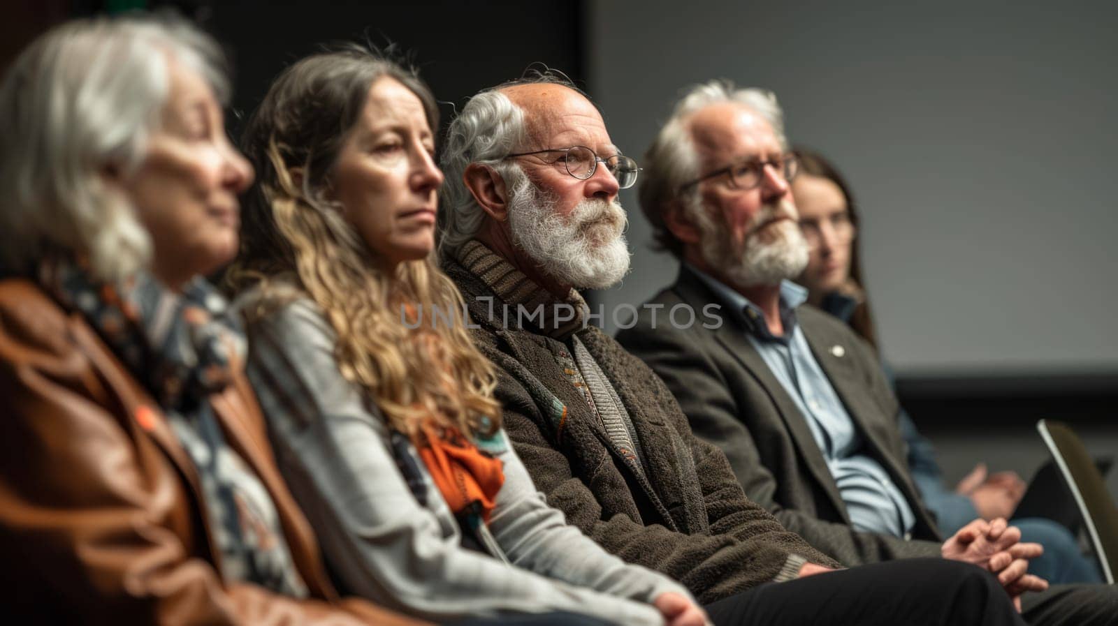 A group of people including older and younger adults are sitting attentively during a seminar. concept of awareness and education