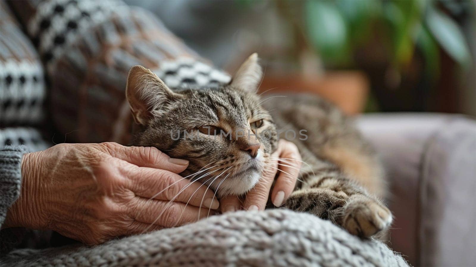 Close-up of an elderly woman's hands gently petting a relaxed cat, capturing a tender moment of connection and warmth in a cozy indoor setting.