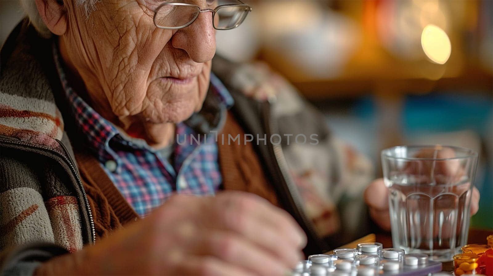 Close-up of an elderly man taking medication from a pill organizer, with a glass of water next to him, highlights the importance of taking medication correctly