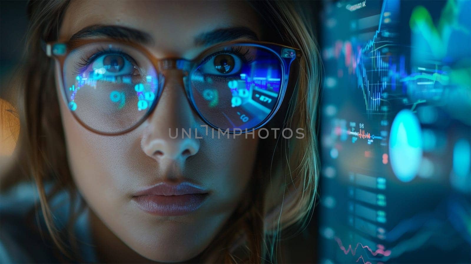 Woman wearing glasses with digital data and code reflections, highlighting the intersection of technology and human cognition.