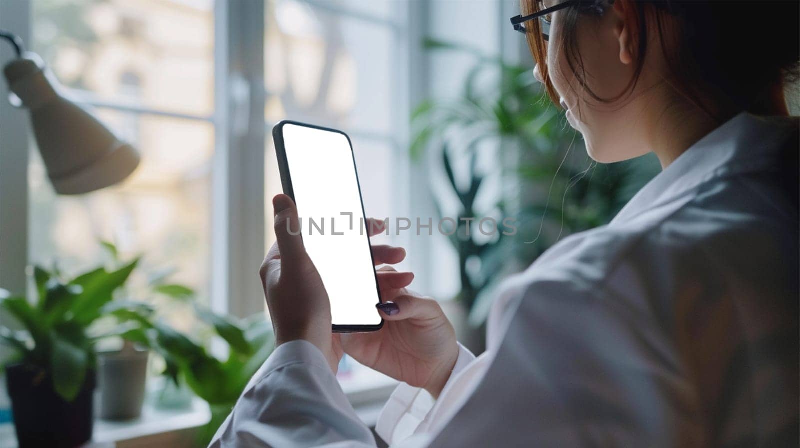Doctor holding smartphone with blank screen where space for text or graphics while standing in a brightly lit room filled with plants.