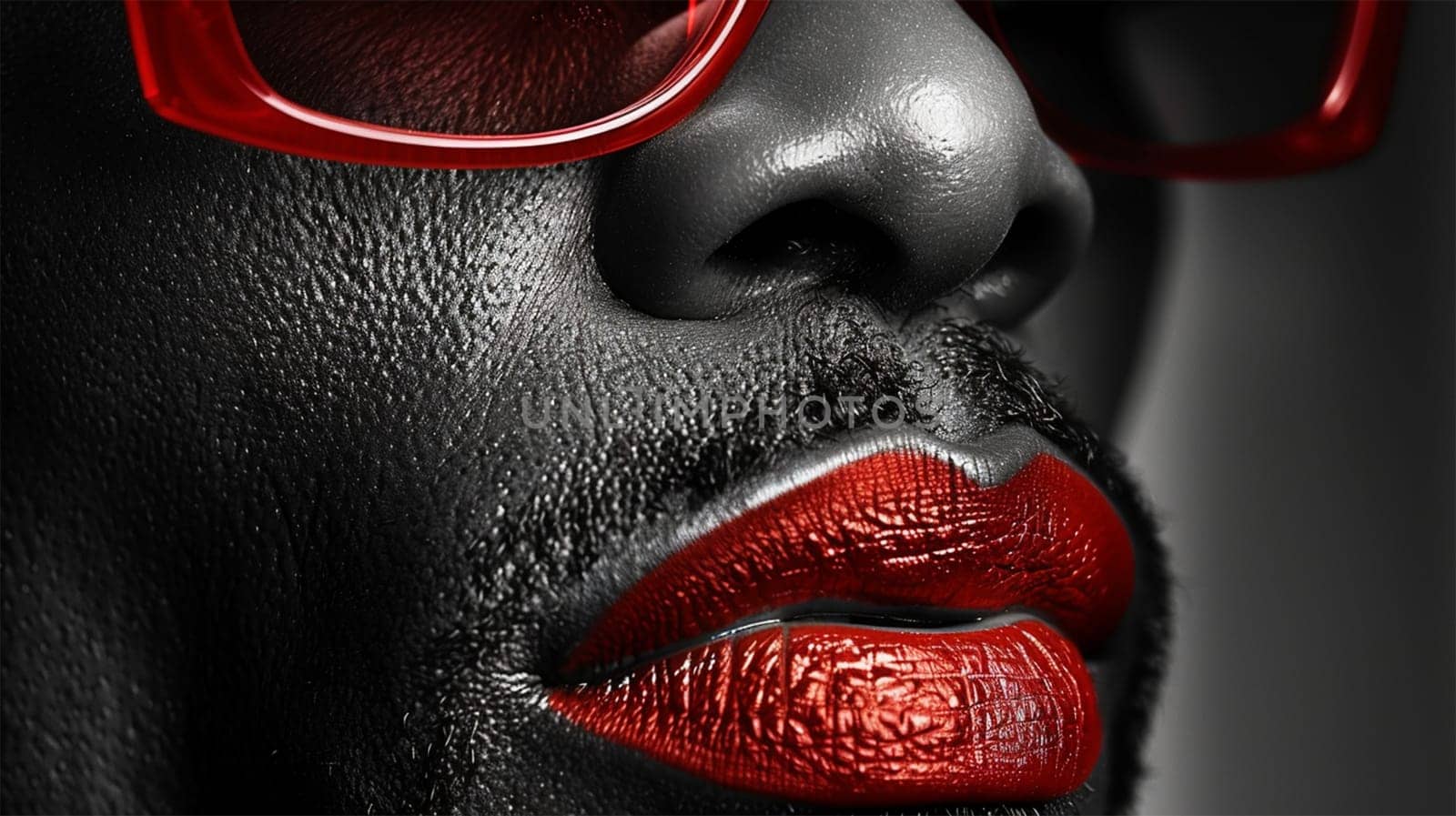 High contrast close-up of a man with glossy red lips and red sunglasses on dark skin, creating a bright and bold visual.