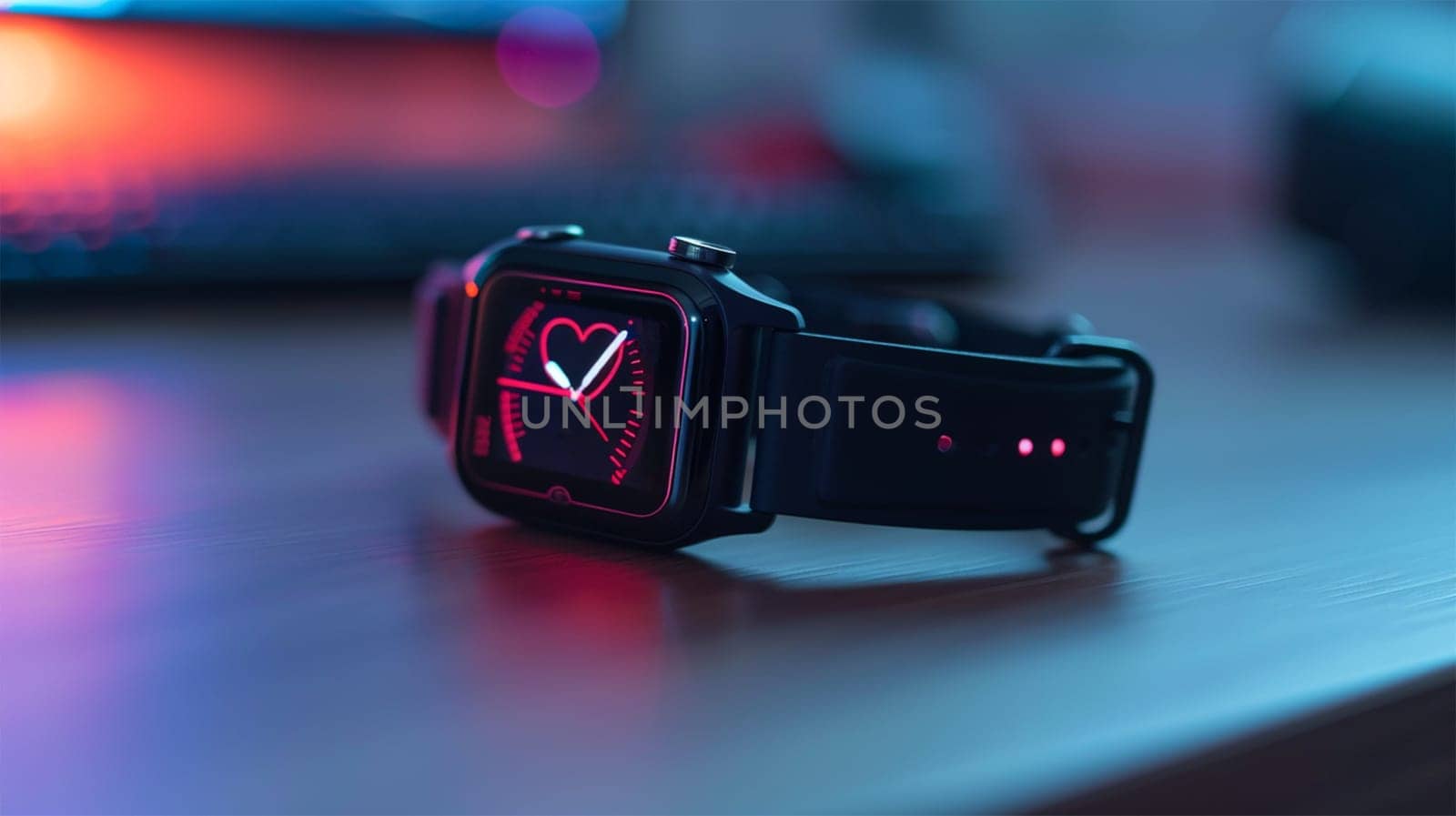 Close-up of smartwatch with heart rate display against neon lighting, highlighting modern technology and health monitoring.