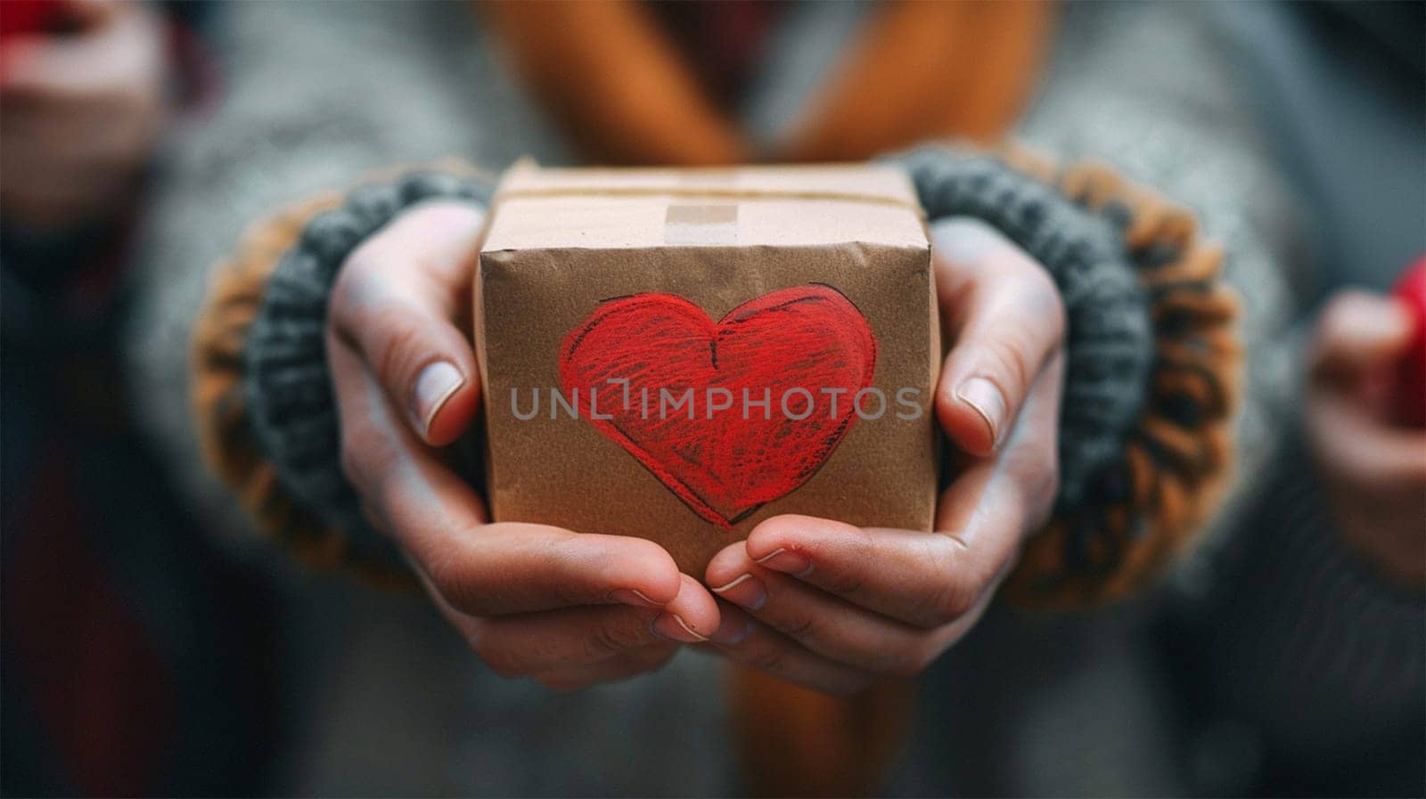 A person holds a small gift box with a red heart design, symbolizing love, care, and the spirit of giving. The background is slightly blurred.