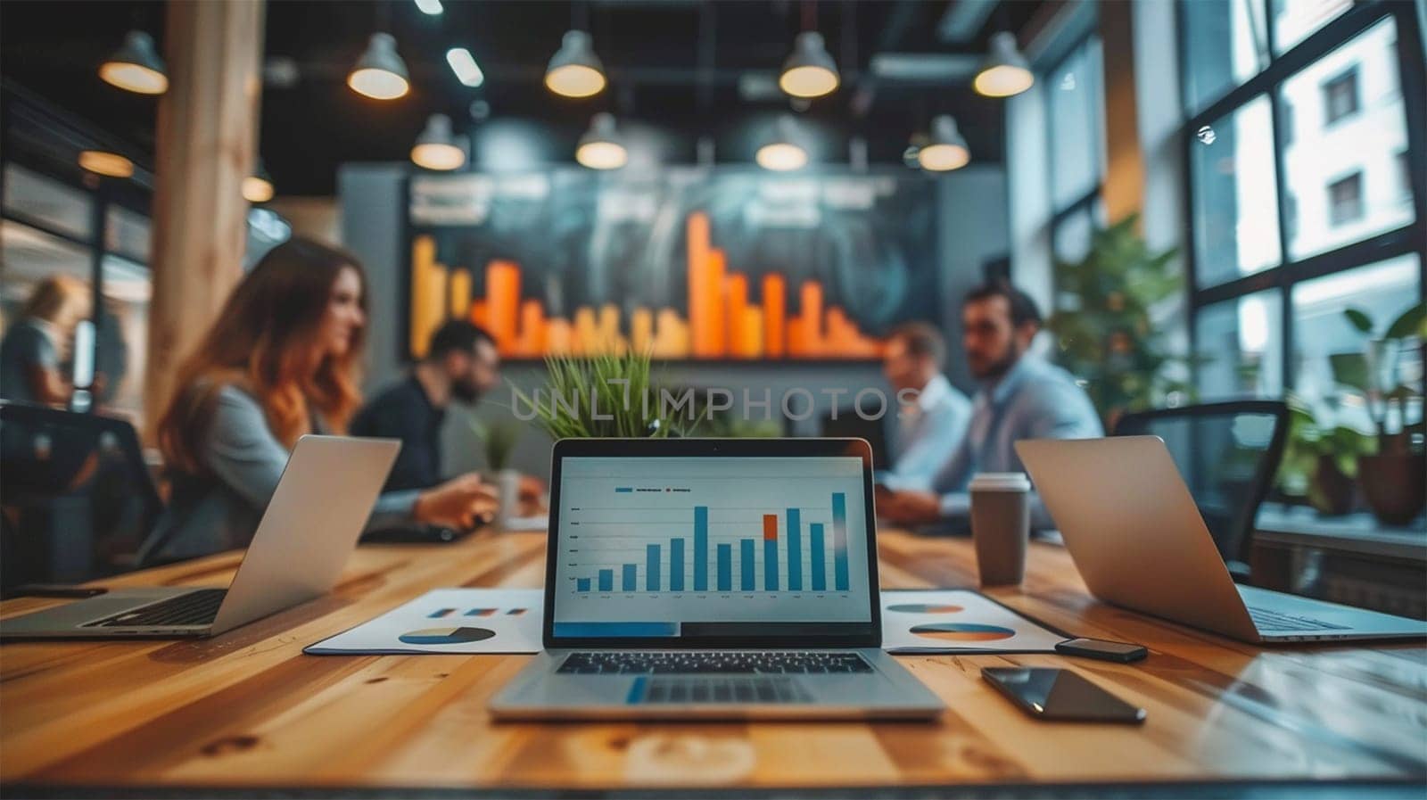 Modern office setting with focus on a laptop displaying data analytics while the team discusses something in the background.