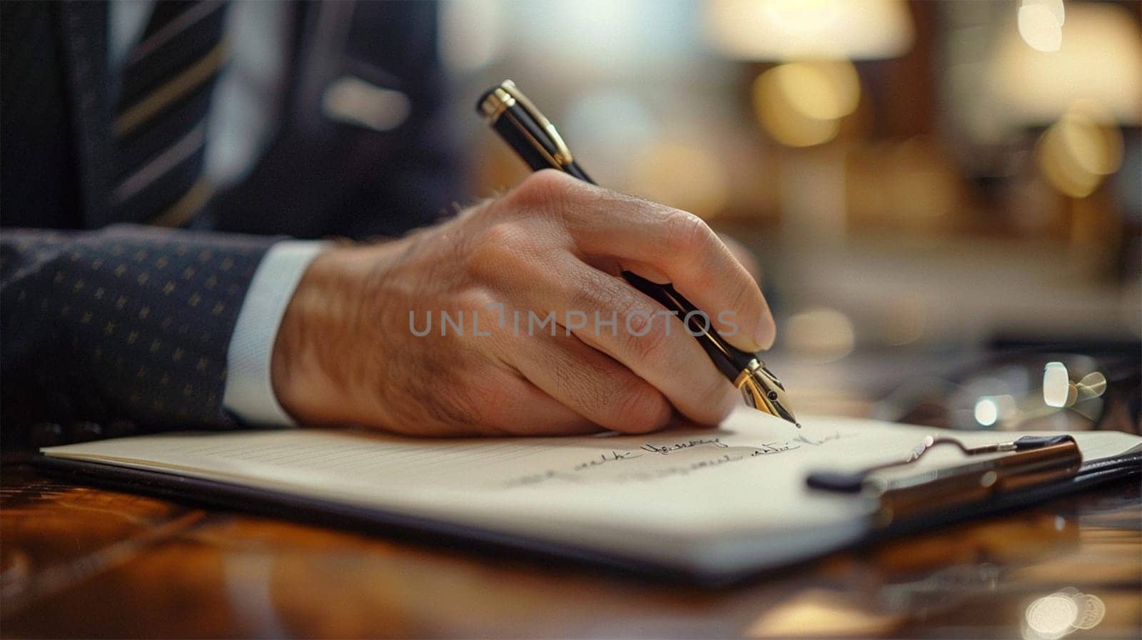Close-up of the hand of a man in a suit writing in a notebook with a fountain pen, the concept of professionalism and concentration.