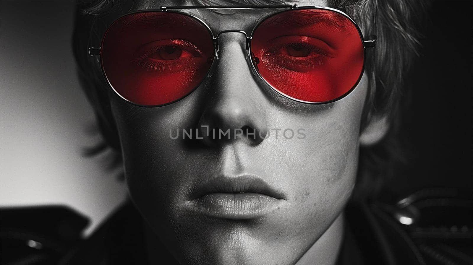 Dramatic close-up of a man wearing red-tinted sunglasses in a black-and-white portrait