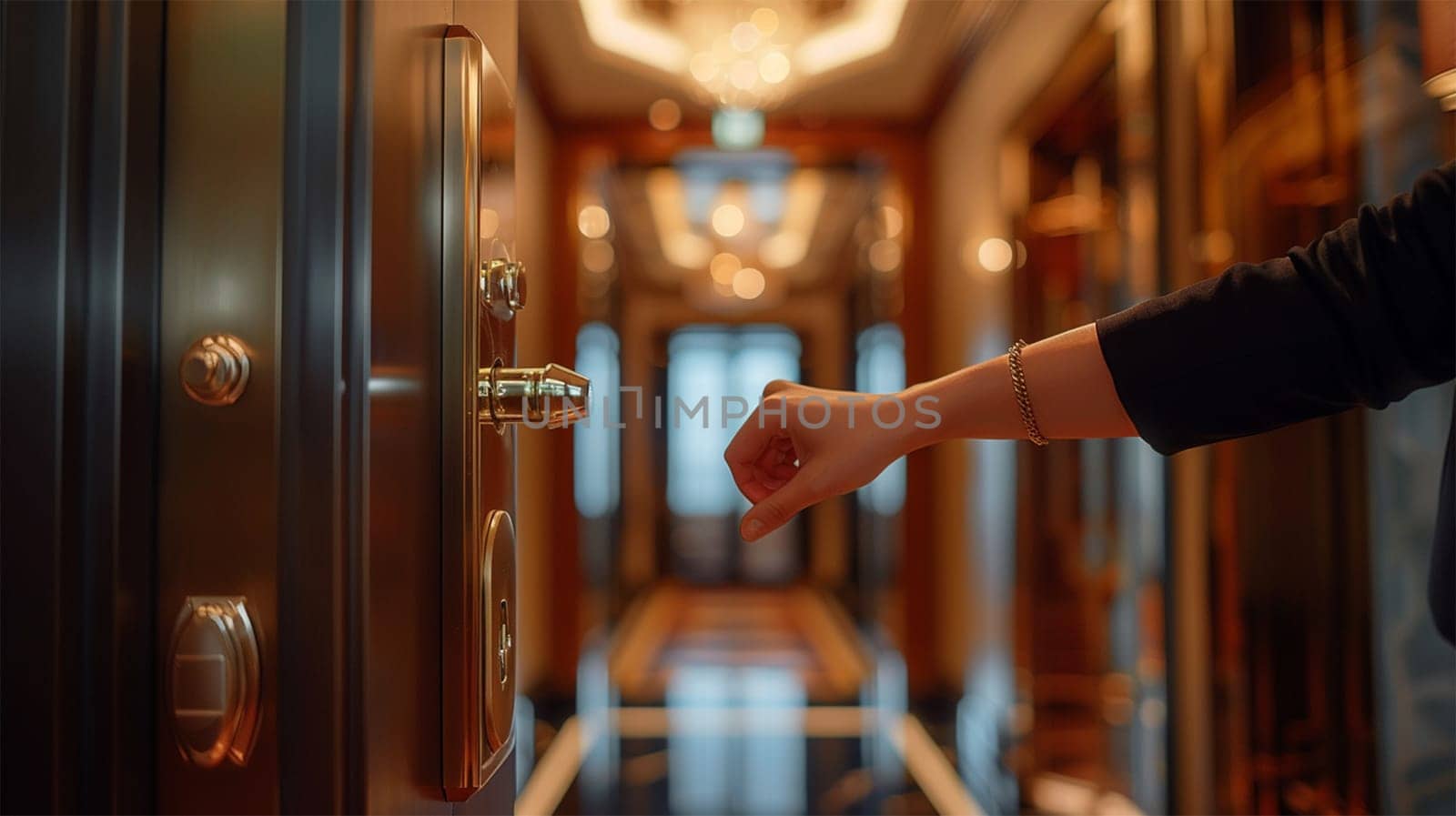Woman extending her hand towards an elegant door in a luxurious hallway. luxury and comfort concept
