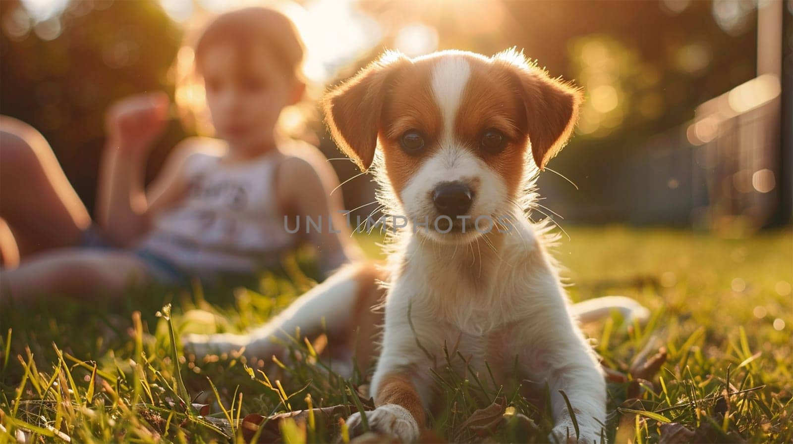 A puppy sitting on the grass in the foreground and a blurred baby in the background, both illuminated by warm sunlight.