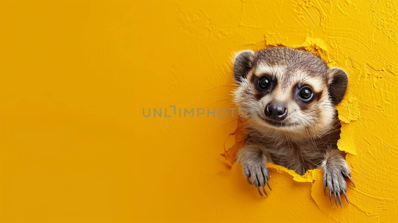 A cute meerkat pokes its head through a hole in a bright yellow wall, creating a playful and cheerful image.copy space