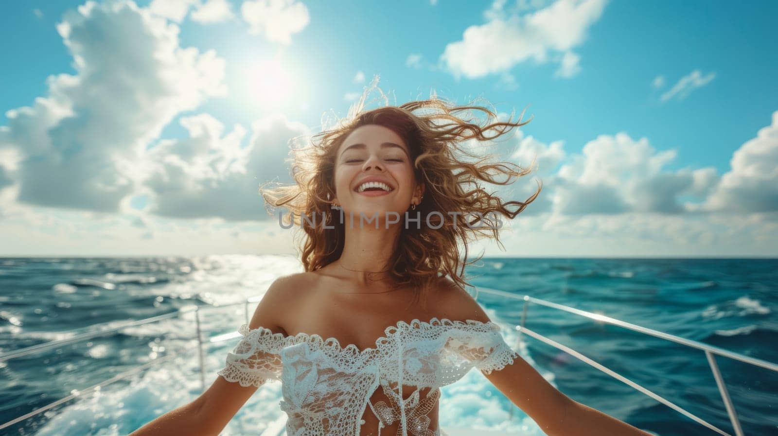 Portrait of a happy woman in a white light dress on a yacht against the background of a blue sky, smiling brightly and looking at the sky, exposing her face to the wind, spreading her arms