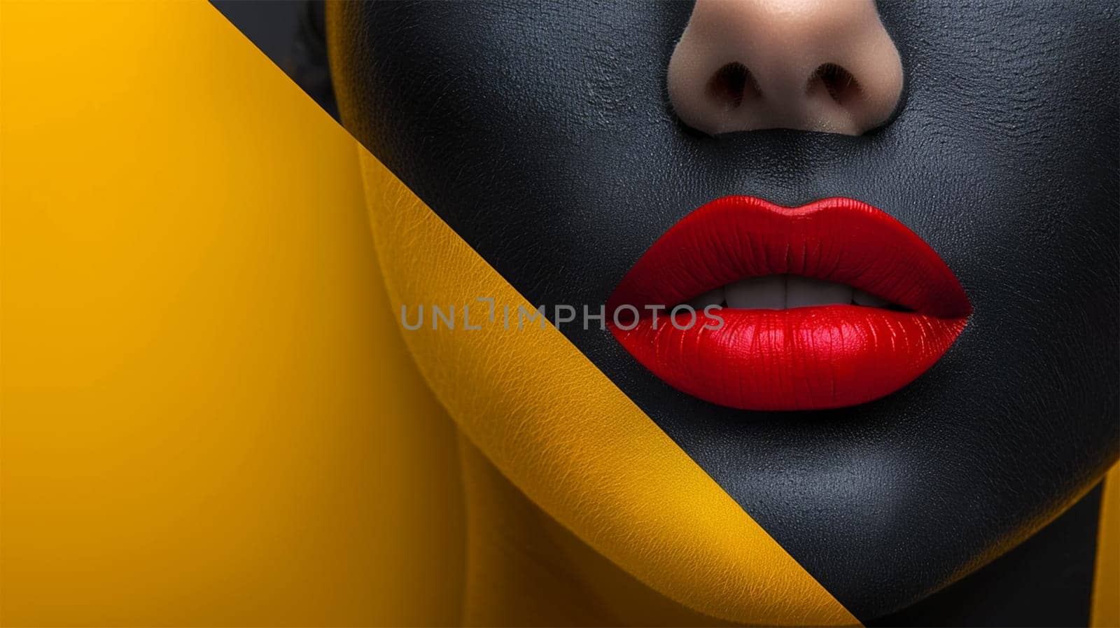 fashion portrait, Close-up of vibrant red lips against a geometric yellow and black background, creating a sharp and modern visual.