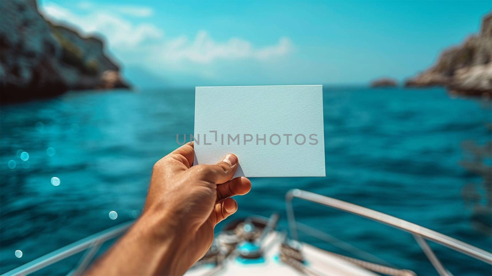 A hand holding a blank card while on a boat, with the ocean and cliffs visible in the background, offering copy space.
