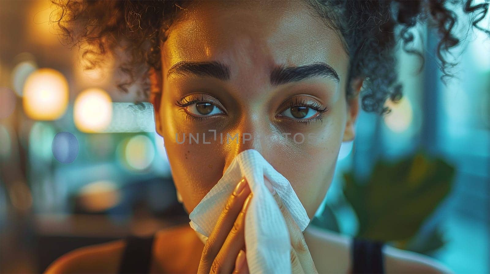 Close-up of woman with curly hair pressing napkin to nose, looking tired, suffering from fever or flu. Blurred lights in background.health and wellness concept, and illness and allergy related themes