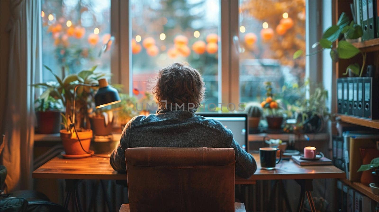 Man working from home in a cozy office with plants and warm lighting, reflecting the comfort, productivity, and lifestyle of remote work
