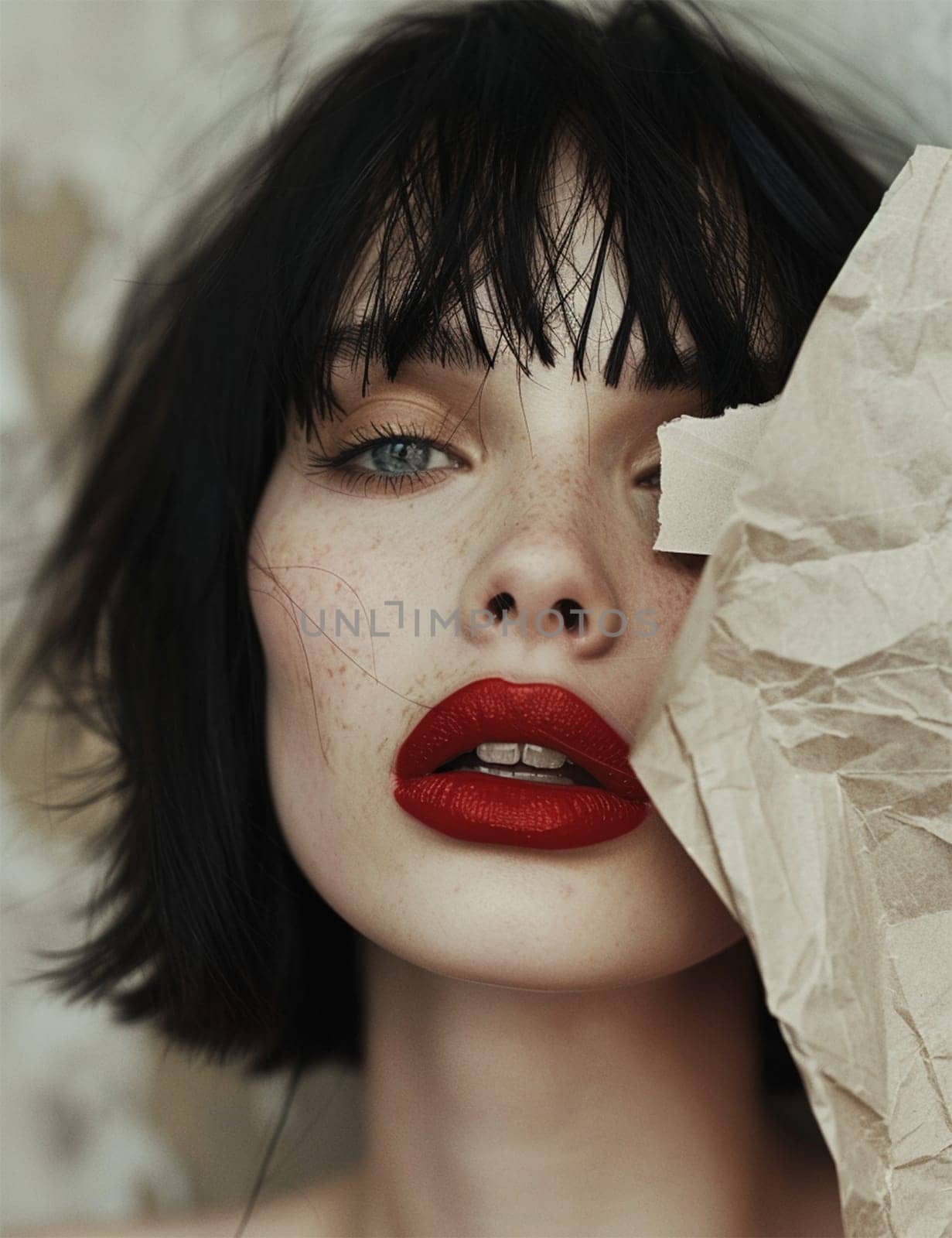 Close-up portrait of a woman with bright red lips, freckles, and dark hair partially hidden by crumpled paper. artistic and mysterious atmosphere.