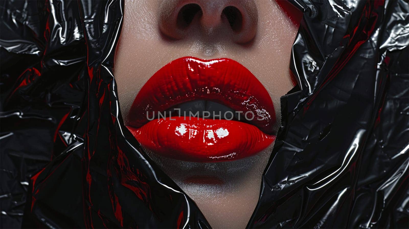 Close up of glossy red lips coming out of a black plastic sheet creating a dramatic and bold fashion look.