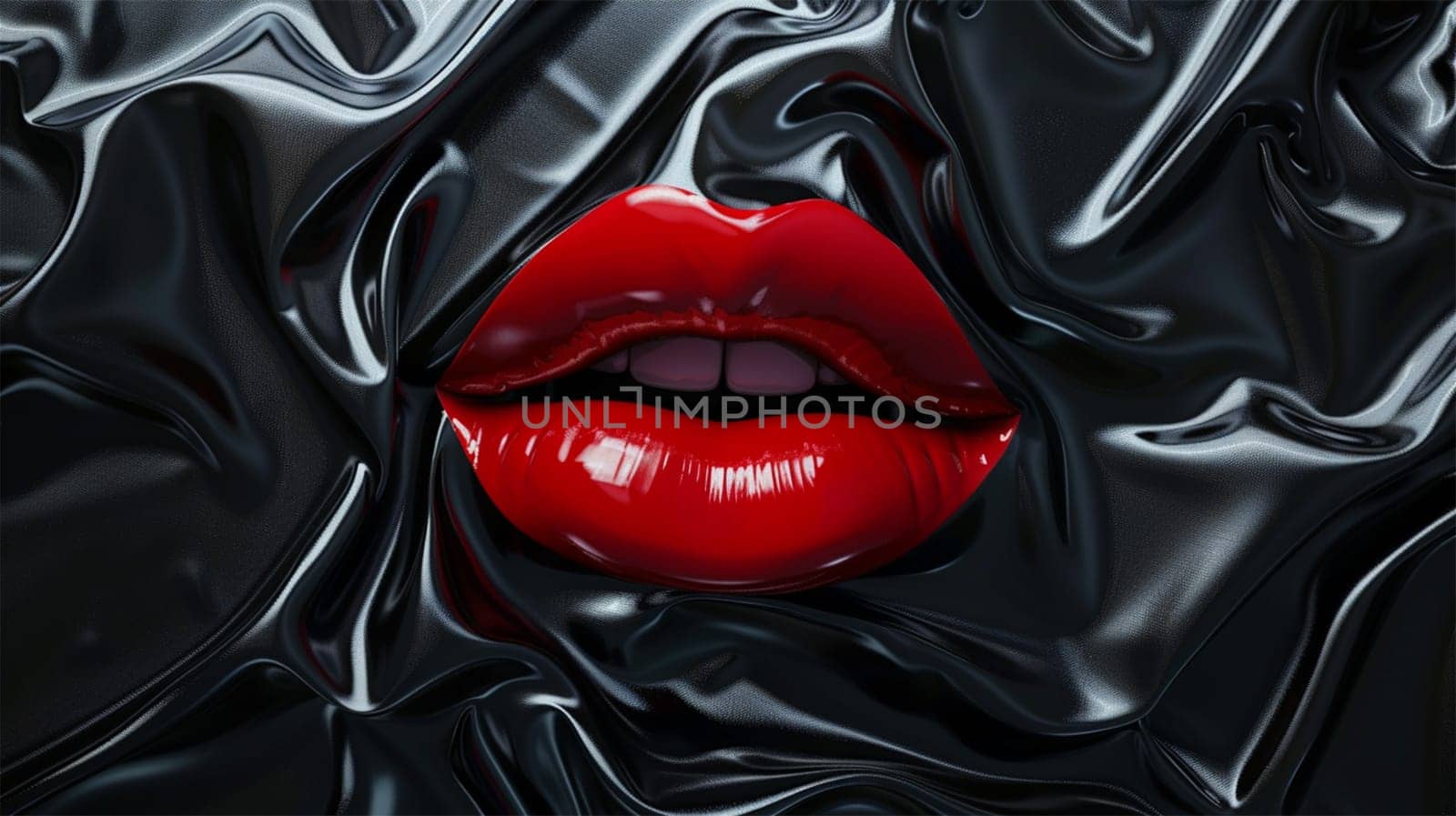 red lips on a face covered in shiny black plastic