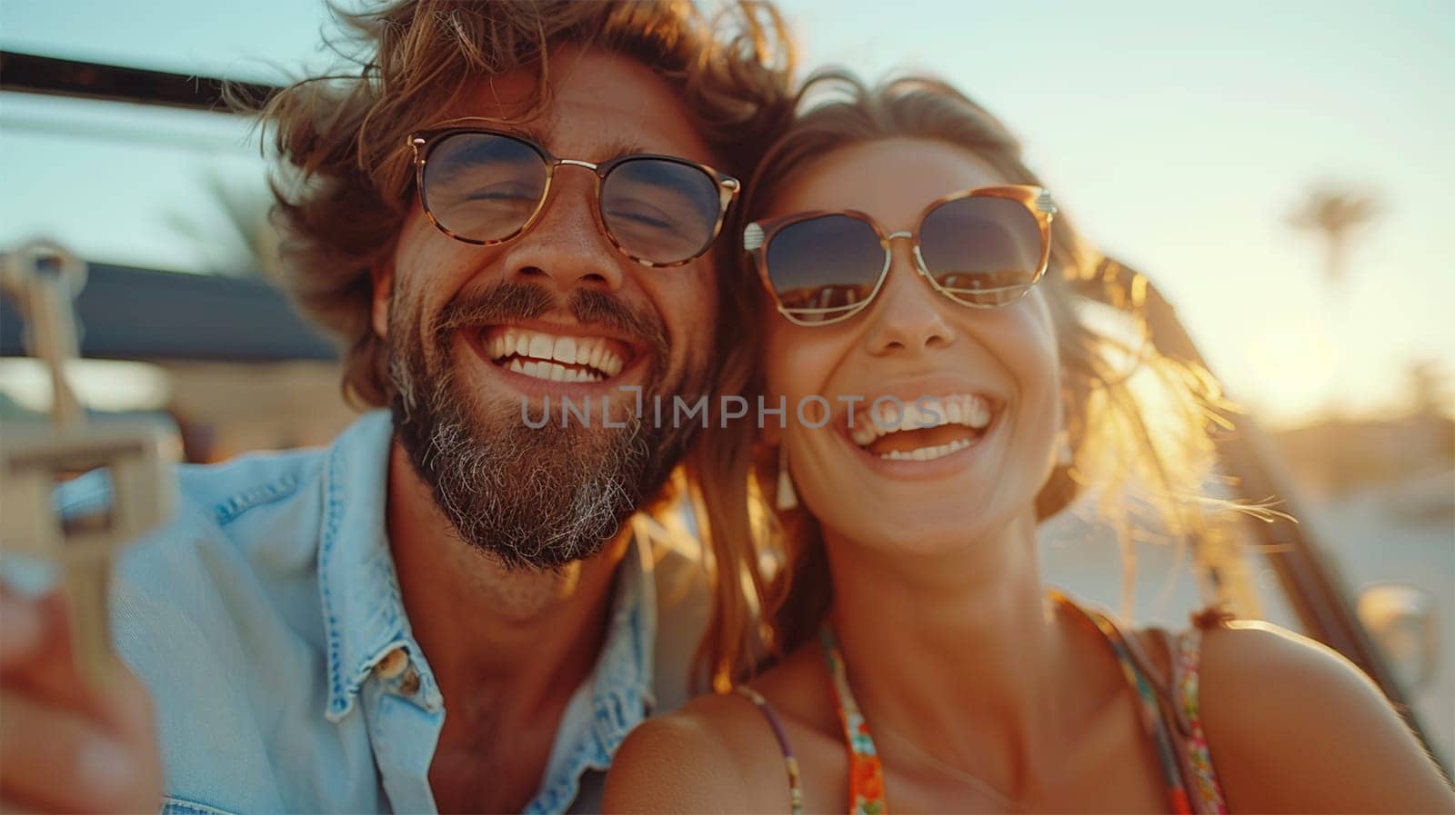 Close-up of a happy couple wearing sunglasses, smiling widely in the bright sun, outdoors together.