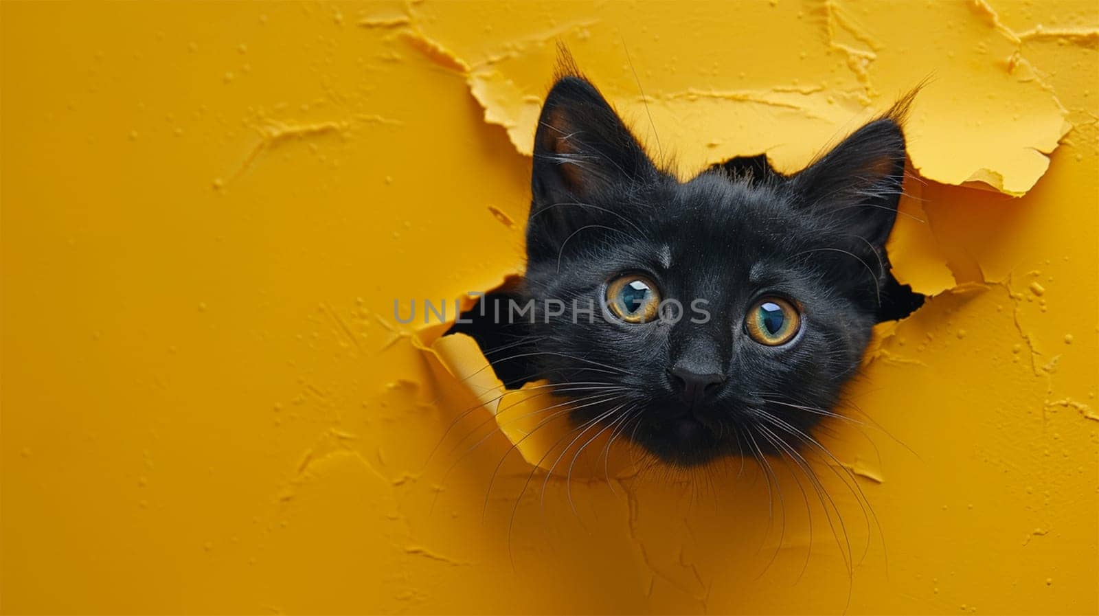 A curious black cat pokes its head through a hole in a bright yellow wall, creating a playful and eye-catching image.copy space