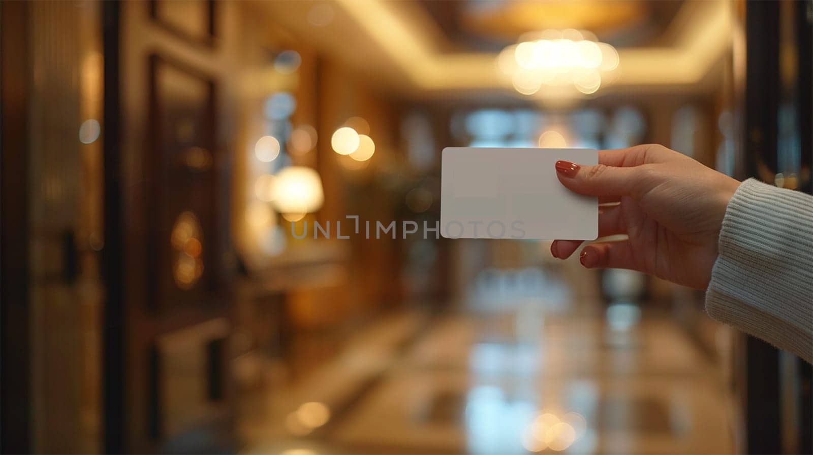Close-up of hand holding key card in luxury hotel lobby, with warm lighting and elegant decor against blurred background.