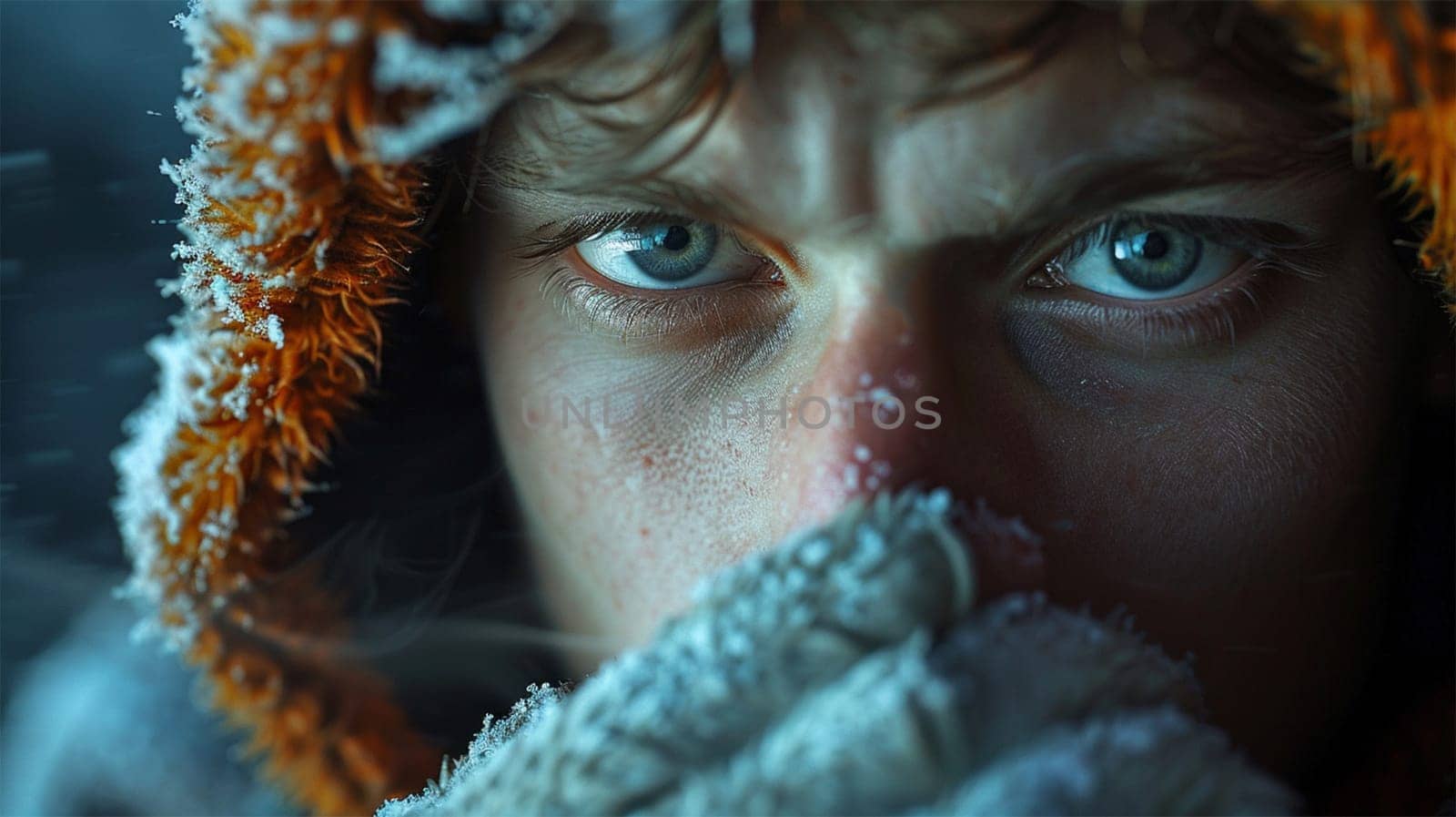 Close-up of a man with icy blue eyes, dressed in winter clothes, with frost on his face emphasizing the extreme cold