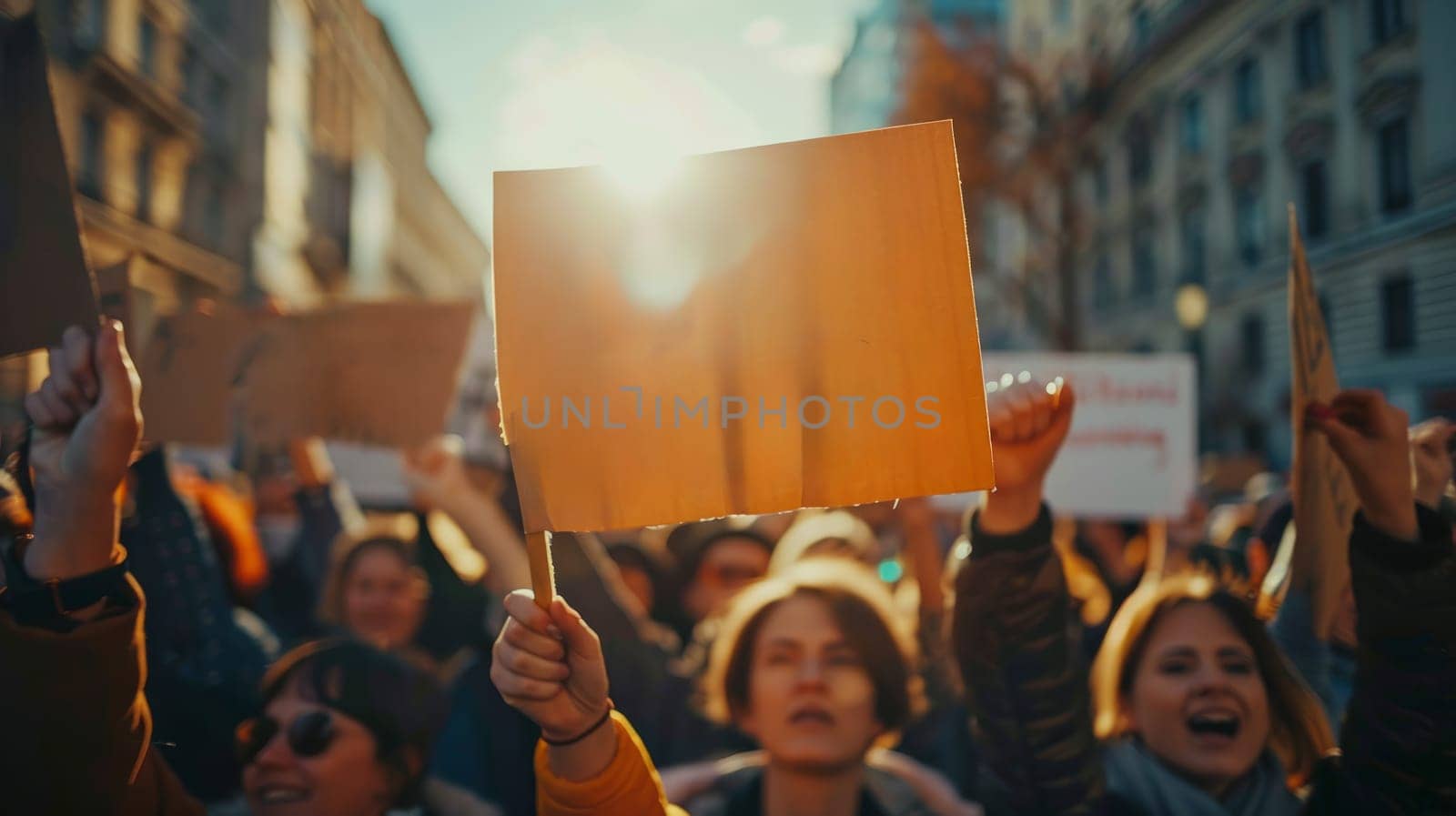 A diverse group of people march together holding colorful signs during a protest. unity, determination, and energy