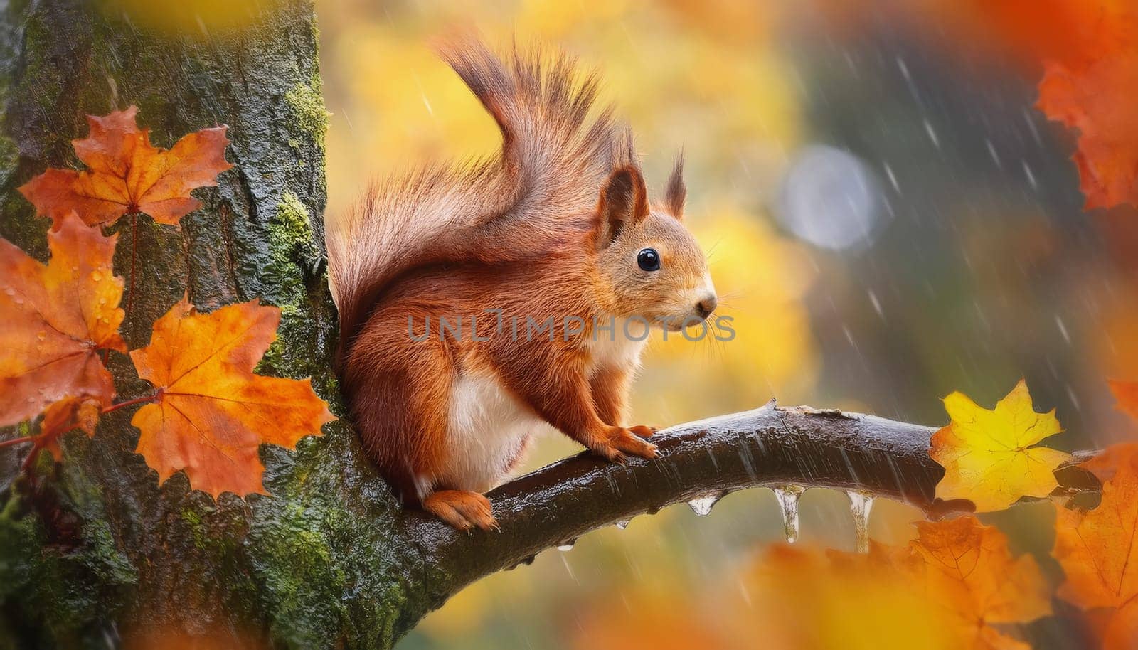 Cute squirrel on the tree branch hiding among leaves in a rainy autumn morning. Fall season wildlife scene
