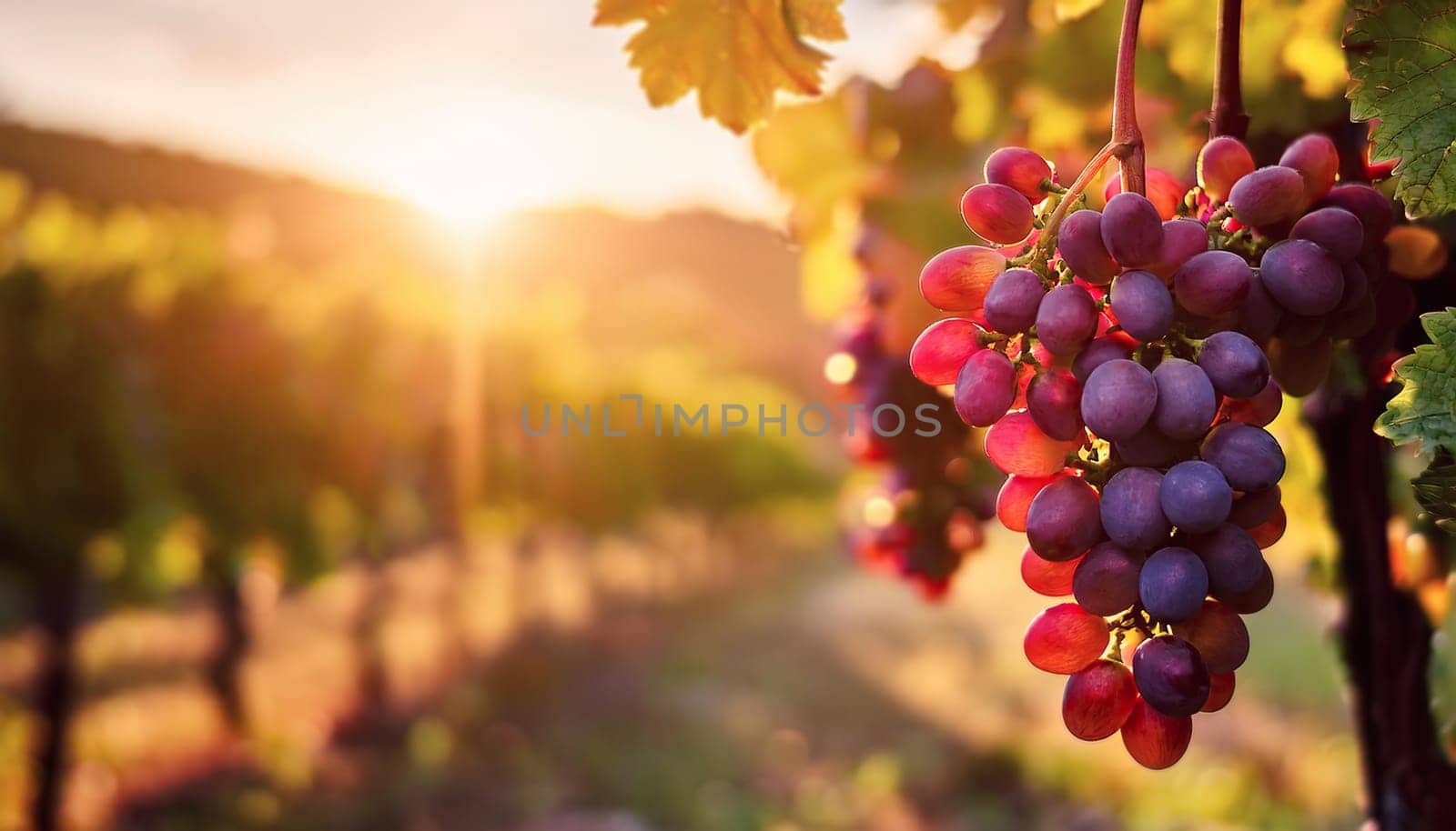 Red grape ripening in the sun rays on a vineyard. Soft sunset light with view to the vine fields in the background