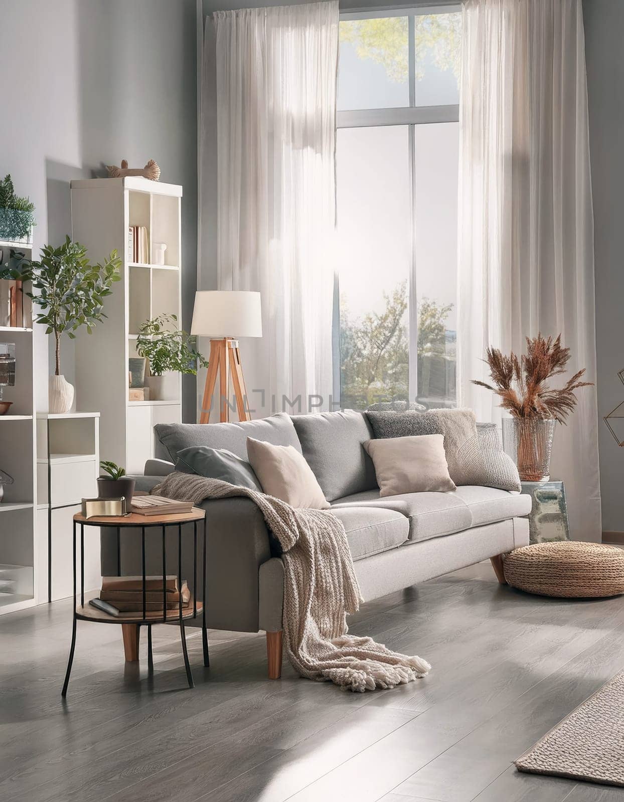 Modern room, beautiful white and grey interior design combination. Contemporary living room stylish interior