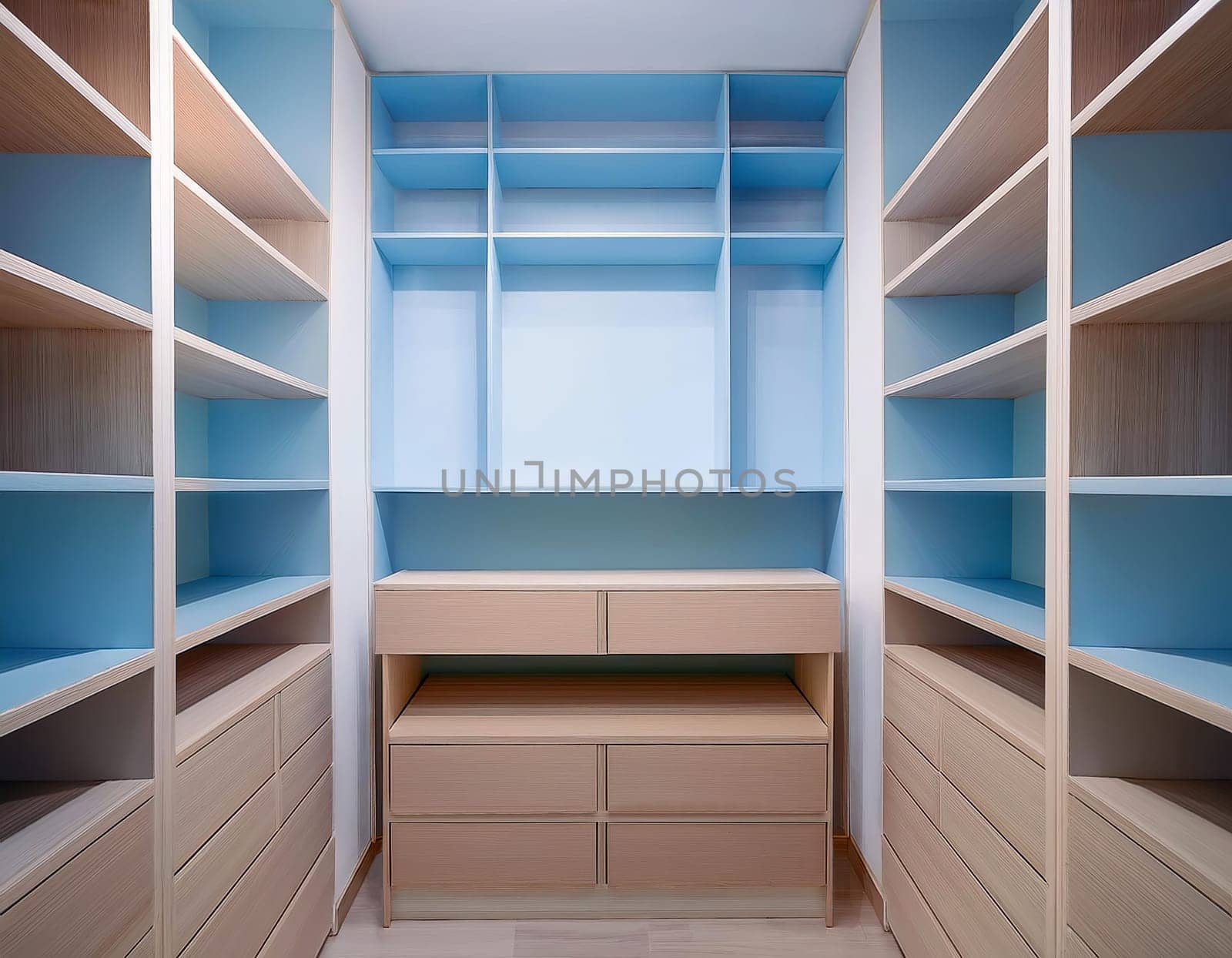 Empty closet shelves background. Modern wooden wardrobe boxes, beautiful blue interior design combination, abstract shape and patterns