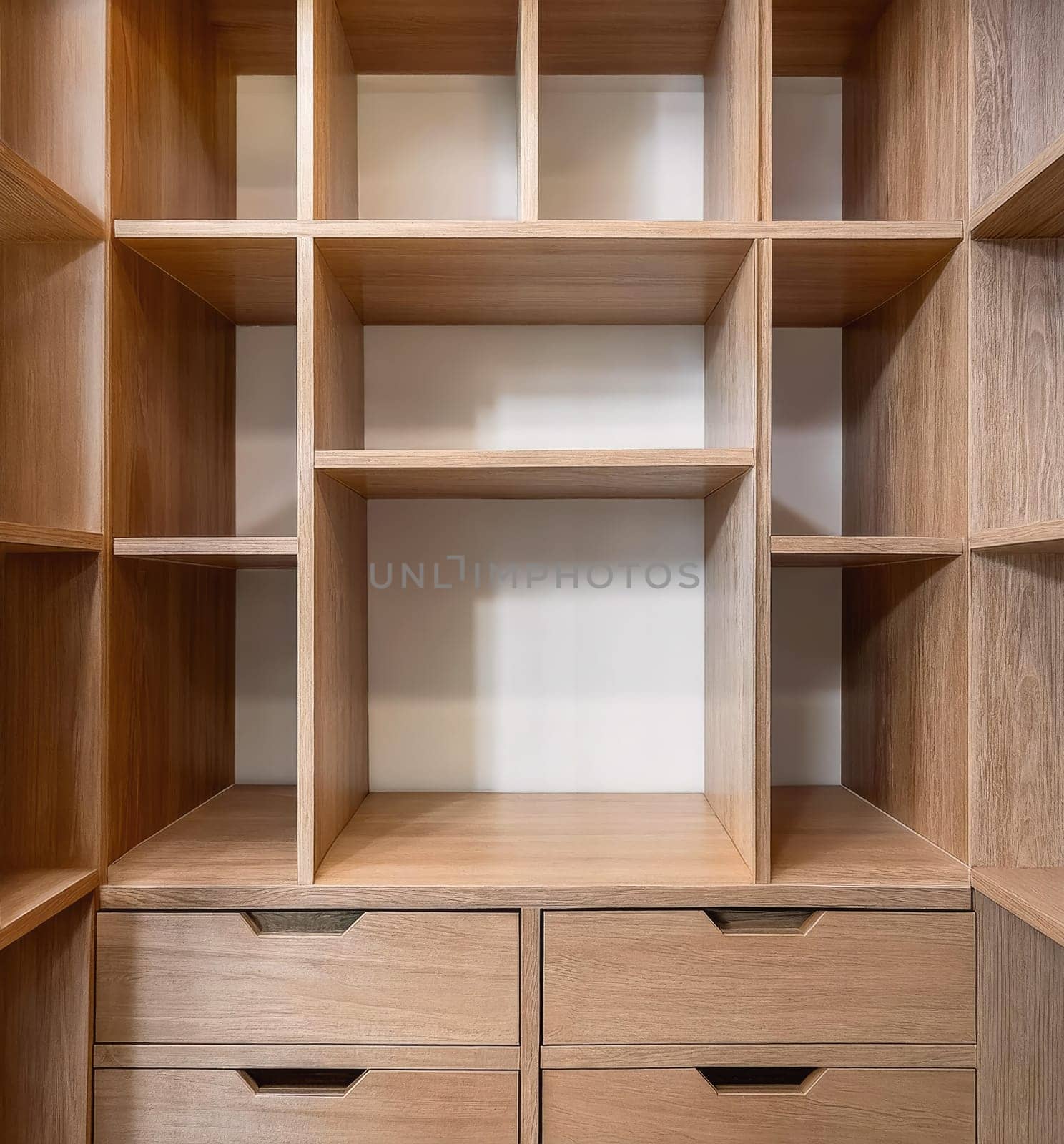 Empty closet shelves background. Modern wooden wardrobe boxes