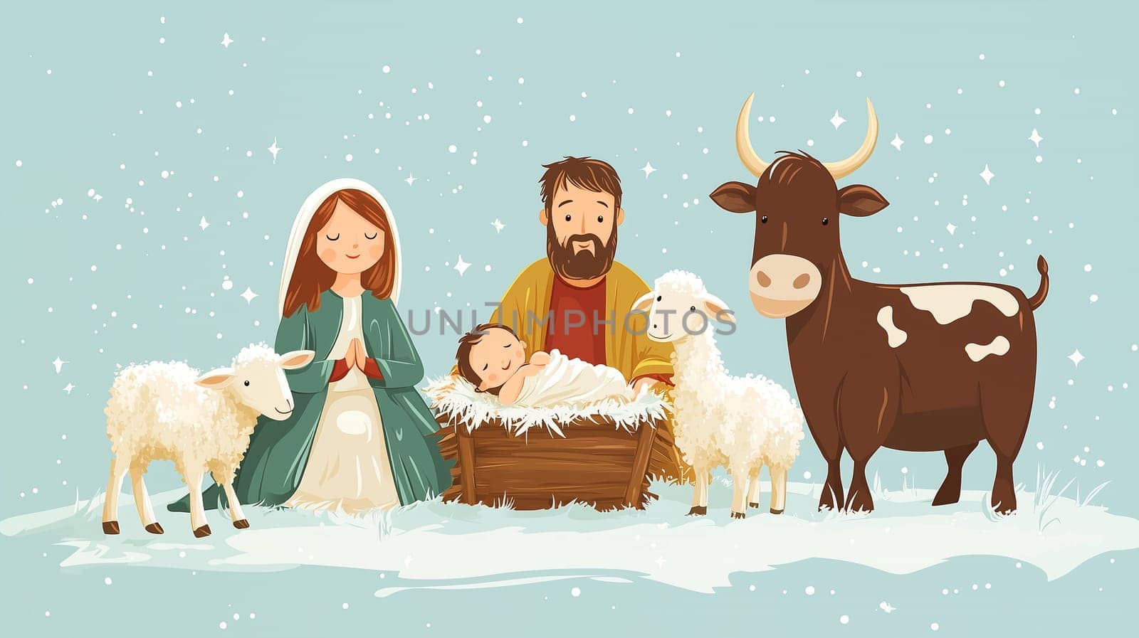 Birth of Jesus Christ in Bethlehem, Mary and Joseph sitting next to the manger, religion and faith of christianity, bibical story of Christmas