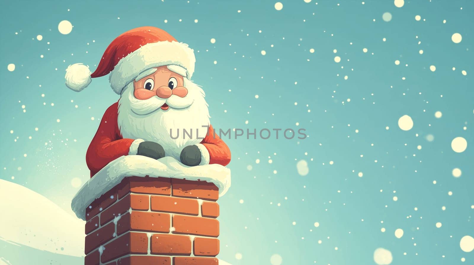 Santa Claus stucks in the chimney at christmas eve, winter holiday season, xmas greeting card, snowflakes