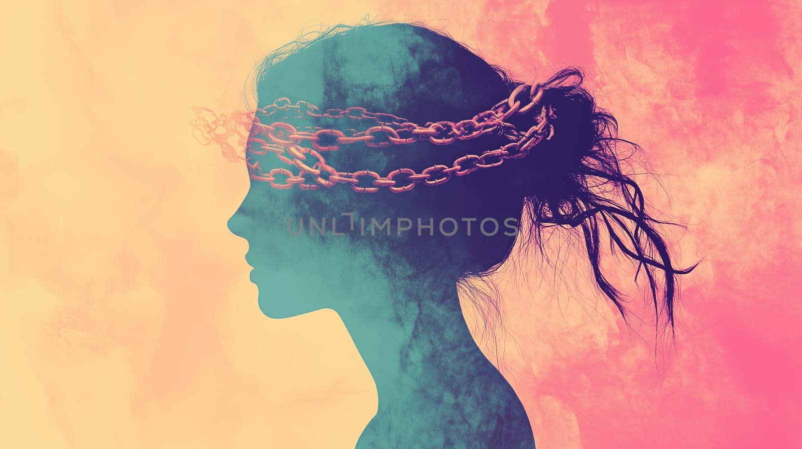 Domestic violence, face of abused woman with chain, international awareness month october for victims and survivors