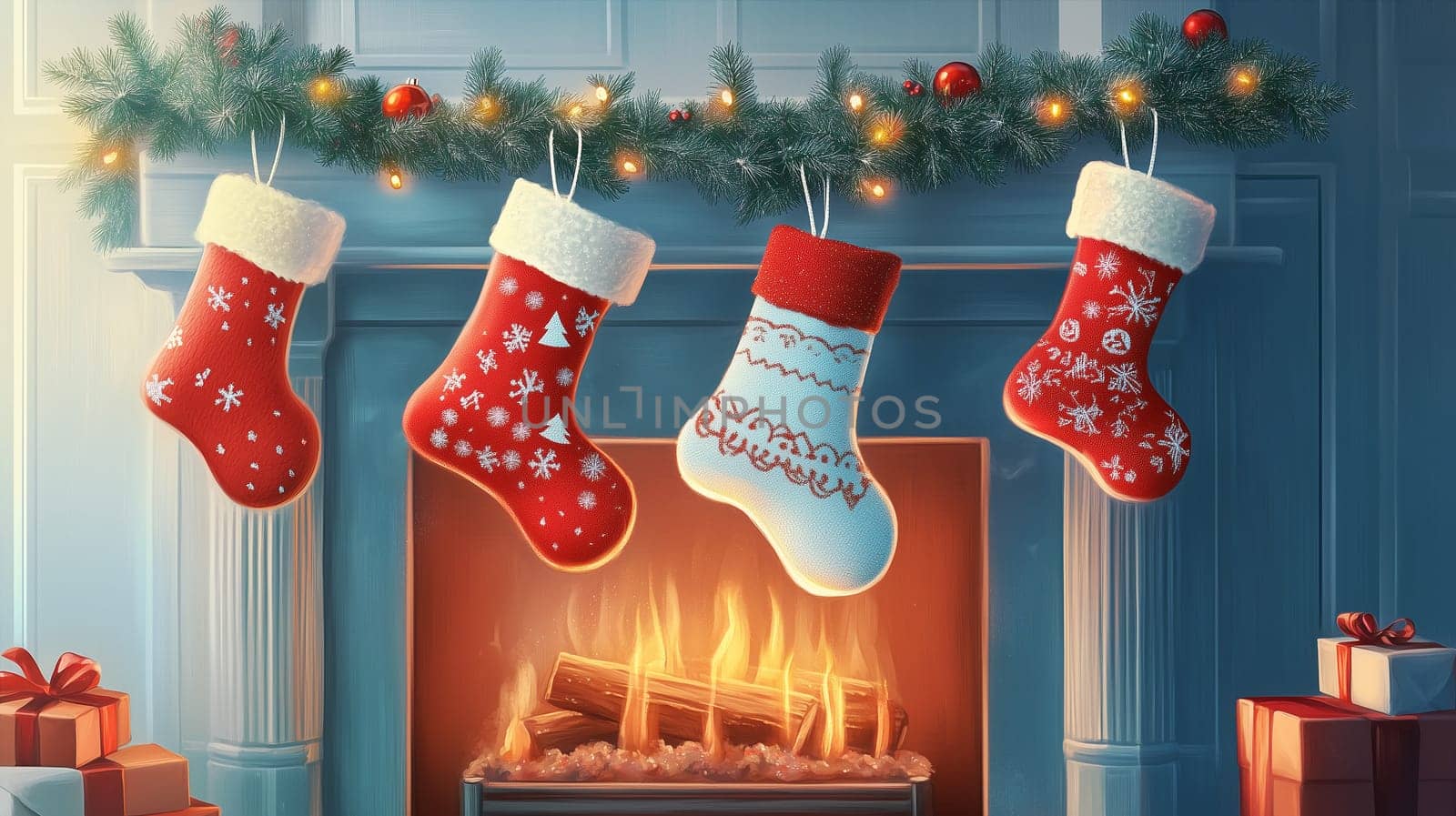 Christmas socks hanging over the fireplace, new year and xmas holiday, house with a chimney and fire with wood, gifts at holy night