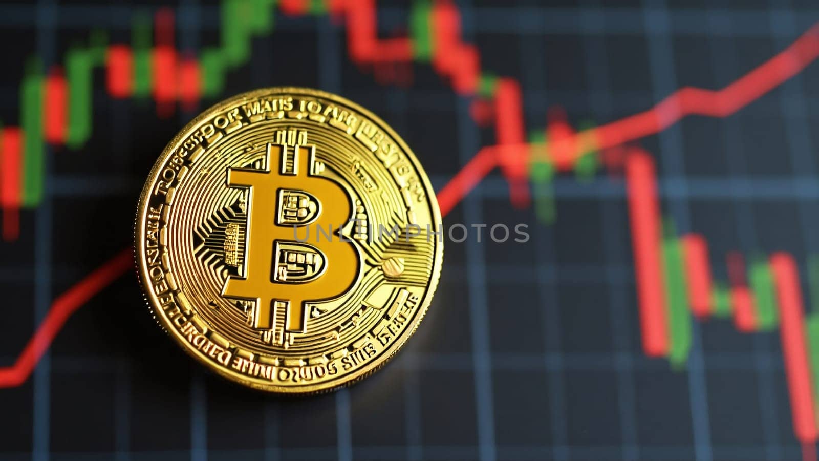 Concept of cryptocurrency trading on stock market and blockchain technology. Closeup golden coin with bitcoin logo, graphs and symbols. Decentralized digital currency. Crypto payment. Electronic money