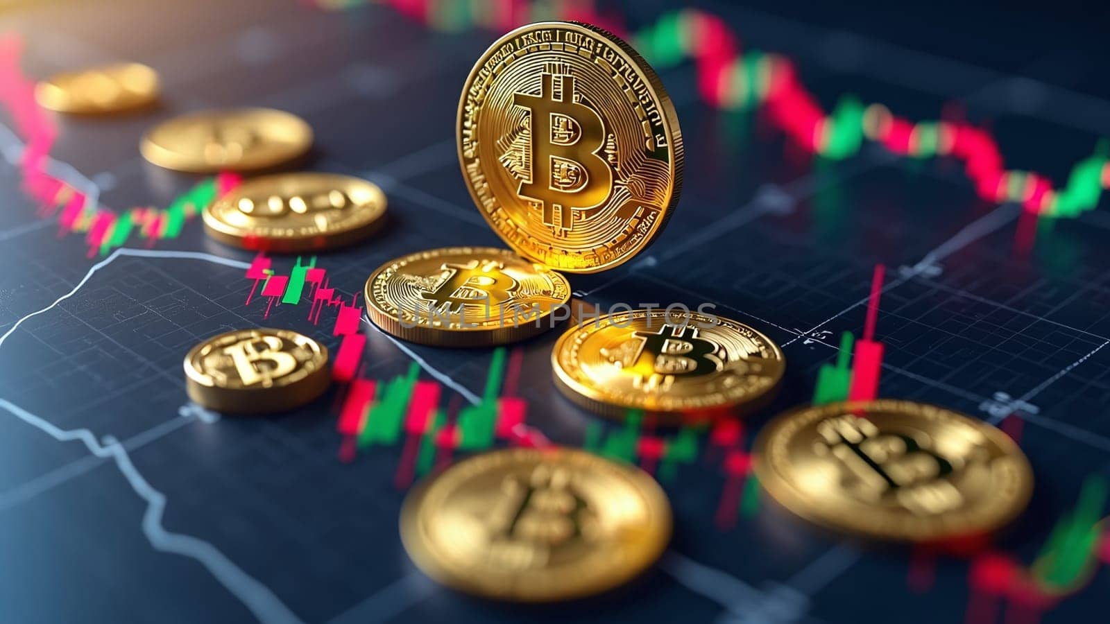 Concept of cryptocurrency trading on stock market and blockchain technology. Closeup golden coin with bitcoin logo, graphs and symbols. Decentralized digital currency. Crypto payment. Electronic money