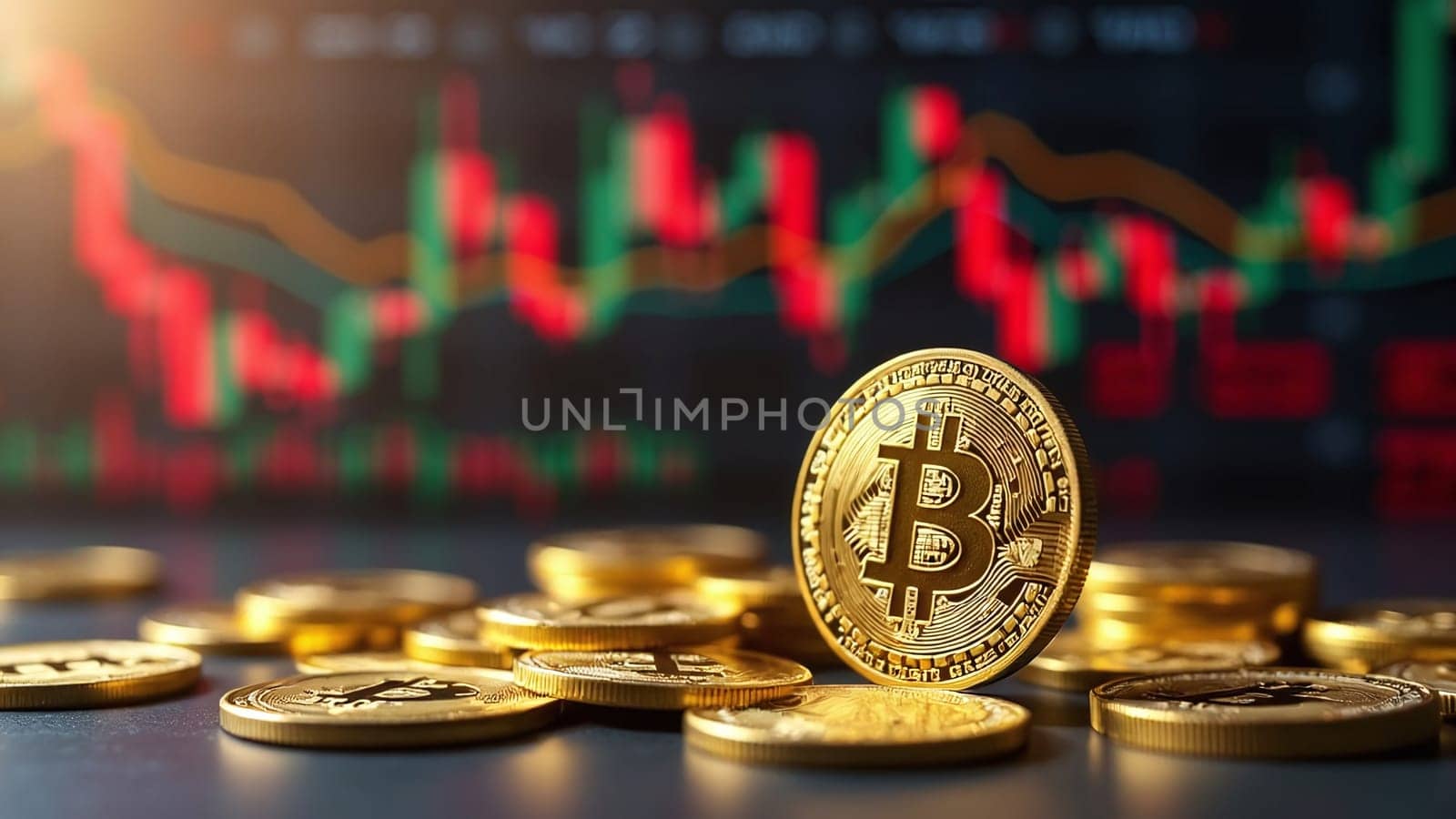 Concept of cryptocurrency trading on stock market and blockchain technology. Closeup golden coin with bitcoin logo, graphs and symbols. Decentralized digital currency. Crypto payment. Electronic money