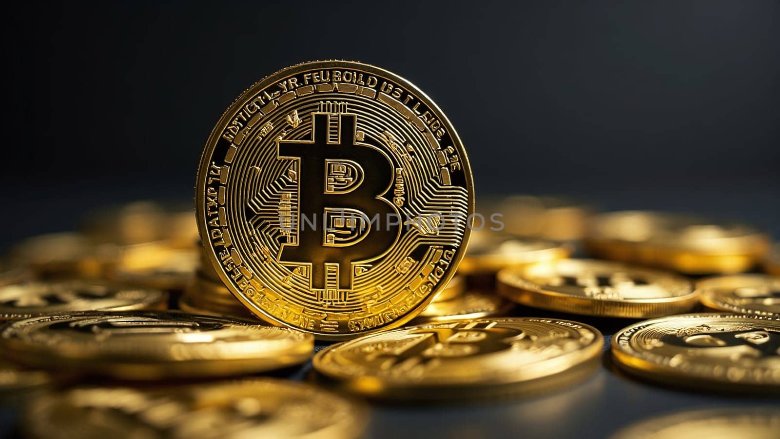 Concept of cryptocurrency trading on stock market and blockchain technology. Closeup golden coin with bitcoin logo against black. Decentralized digital currency. Crypto payment. Electronic money