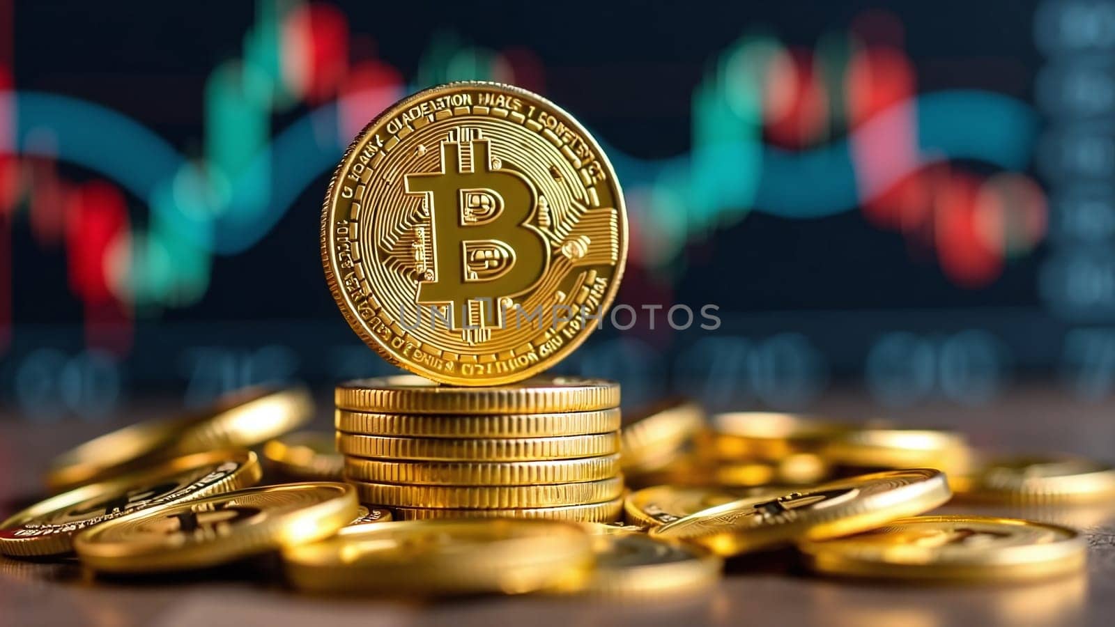 Concept of cryptocurrency trading on stock market and blockchain technology. Closeup golden coin with bitcoin logo, graphs and symbols. Decentralized digital currency. Crypto payment. Electronic money