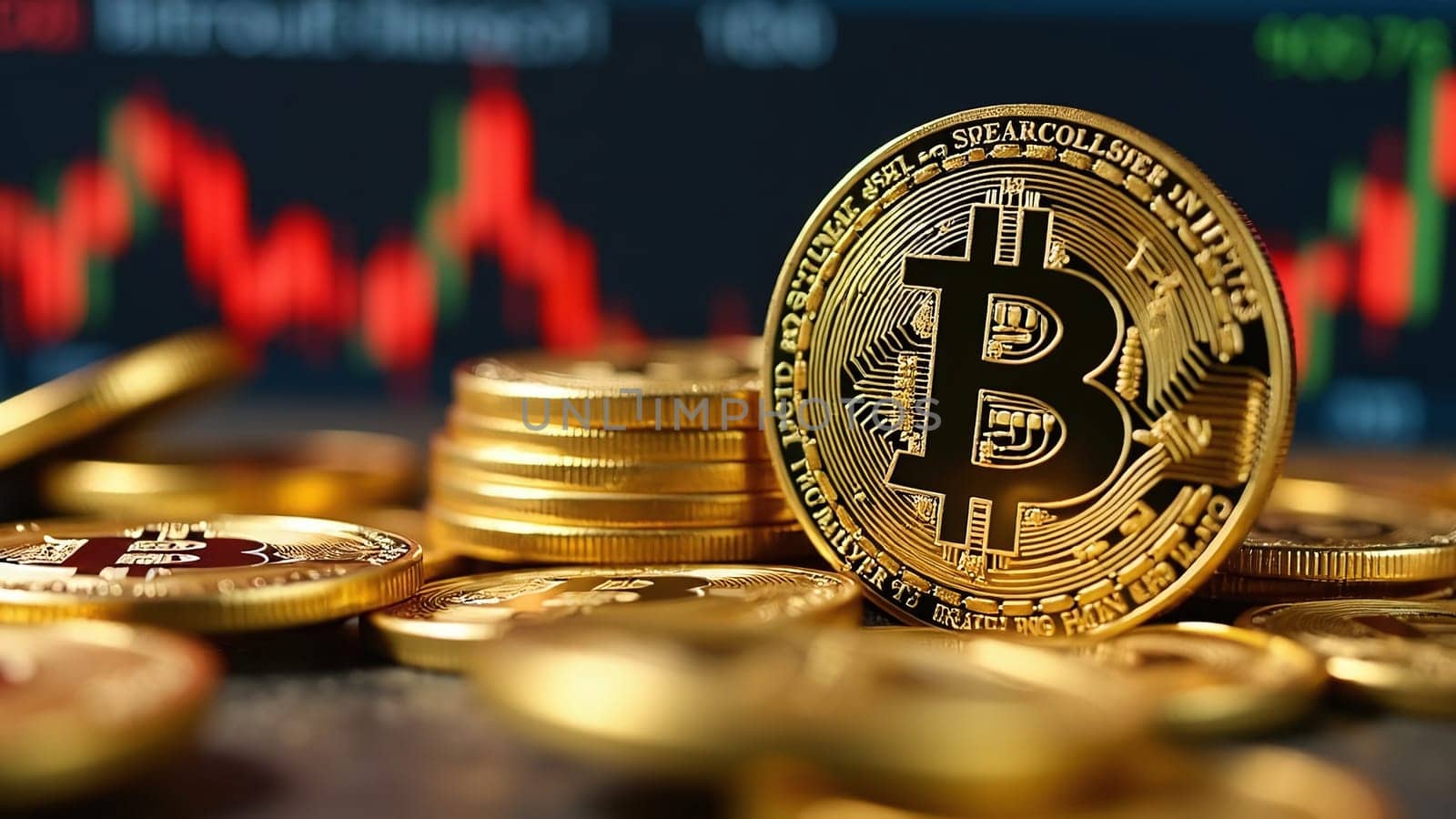 Concept of cryptocurrency trading on stock market and blockchain technology. Closeup golden coin with bitcoin logo, graphs and symbols. Decentralized digital currency. Crypto payment. Electronic money