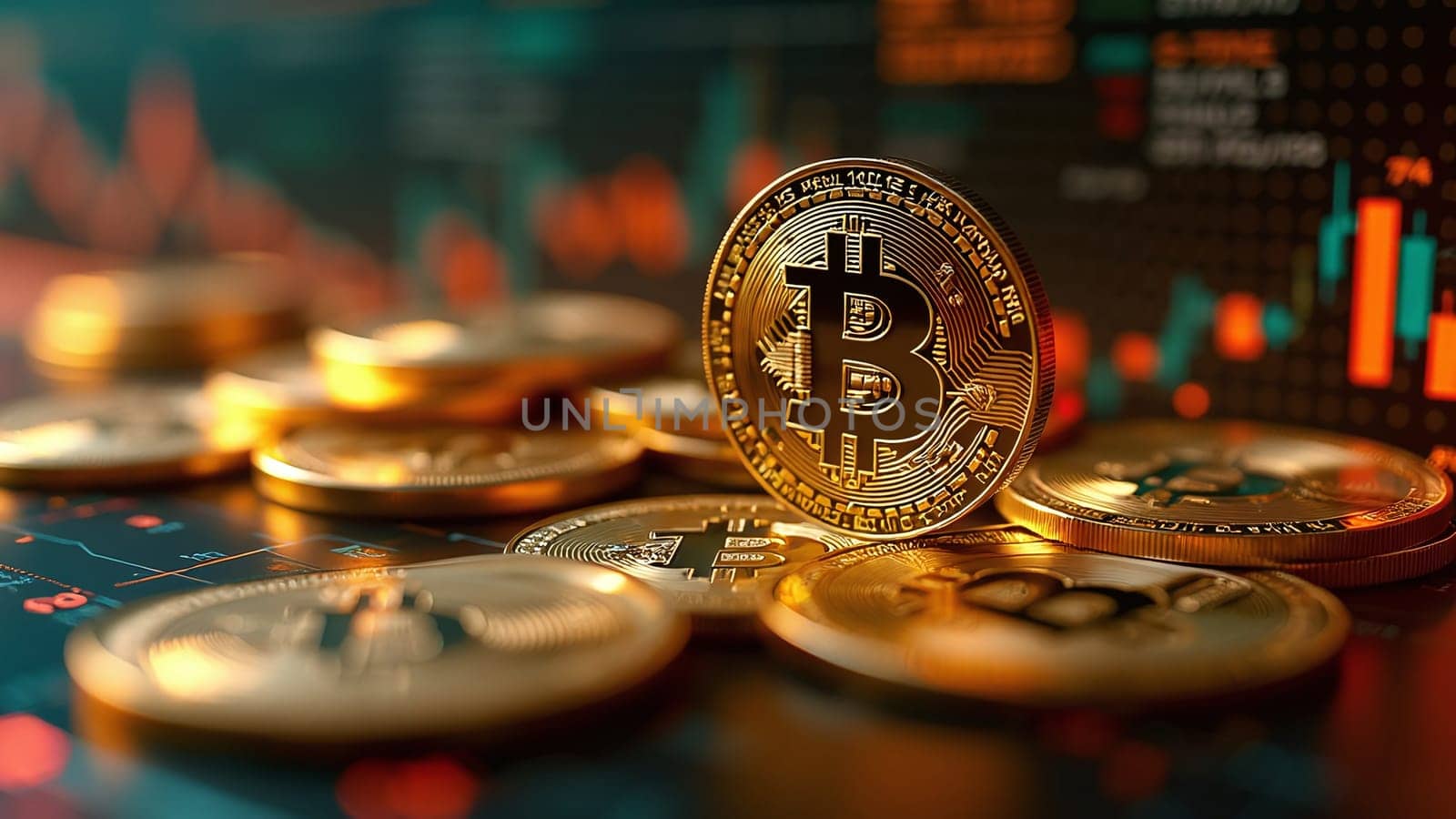 Concept of cryptocurrency trading on stock market and blockchain technology. Closeup golden coin with bitcoin logo, graphs and symbols. Decentralized digital currency. Crypto payment. Electronic money