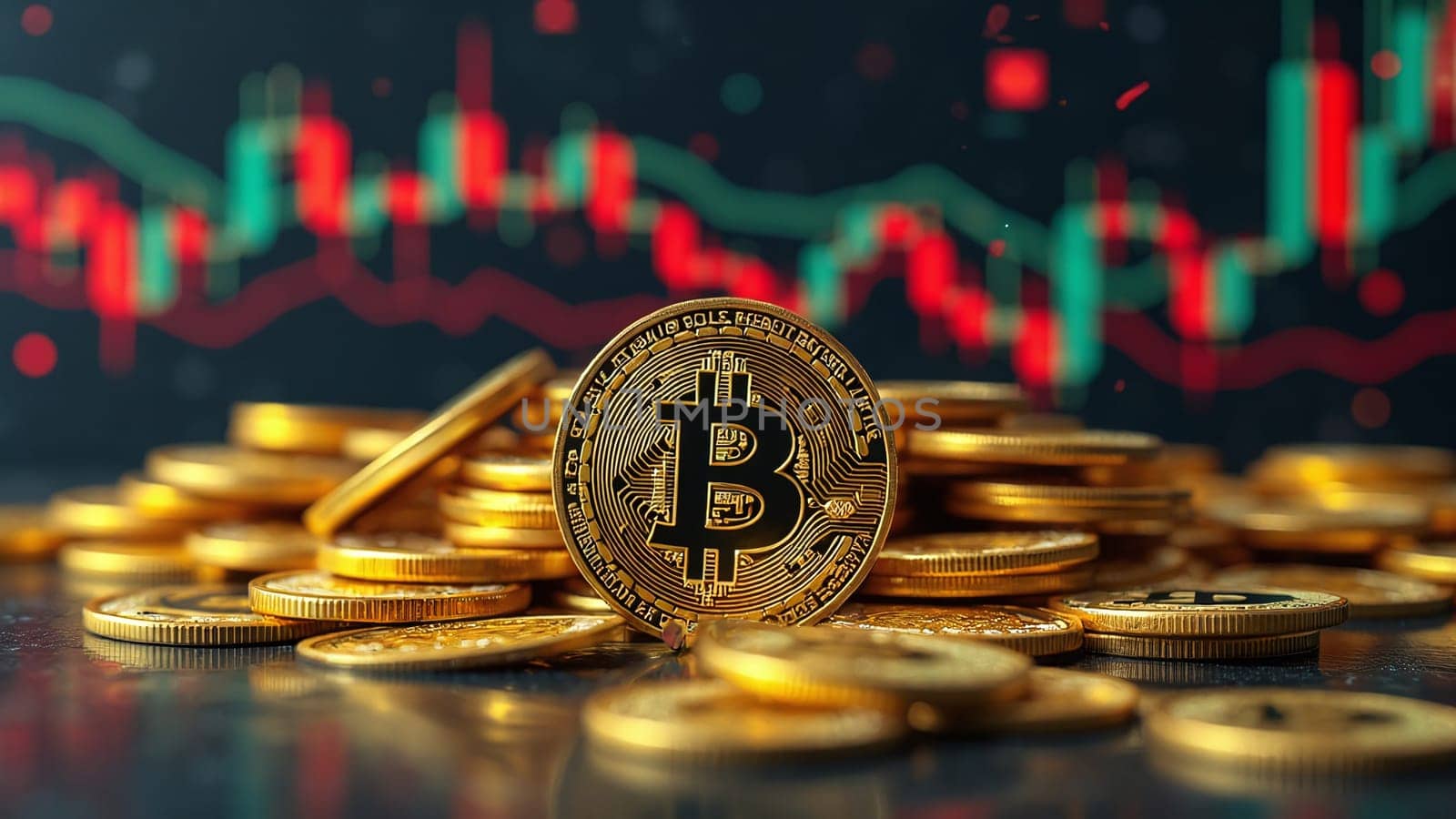 Concept of cryptocurrency trading on stock market and blockchain technology. Closeup golden coin with bitcoin logo, graphs and symbols. Decentralized digital currency. Crypto payment. Electronic money