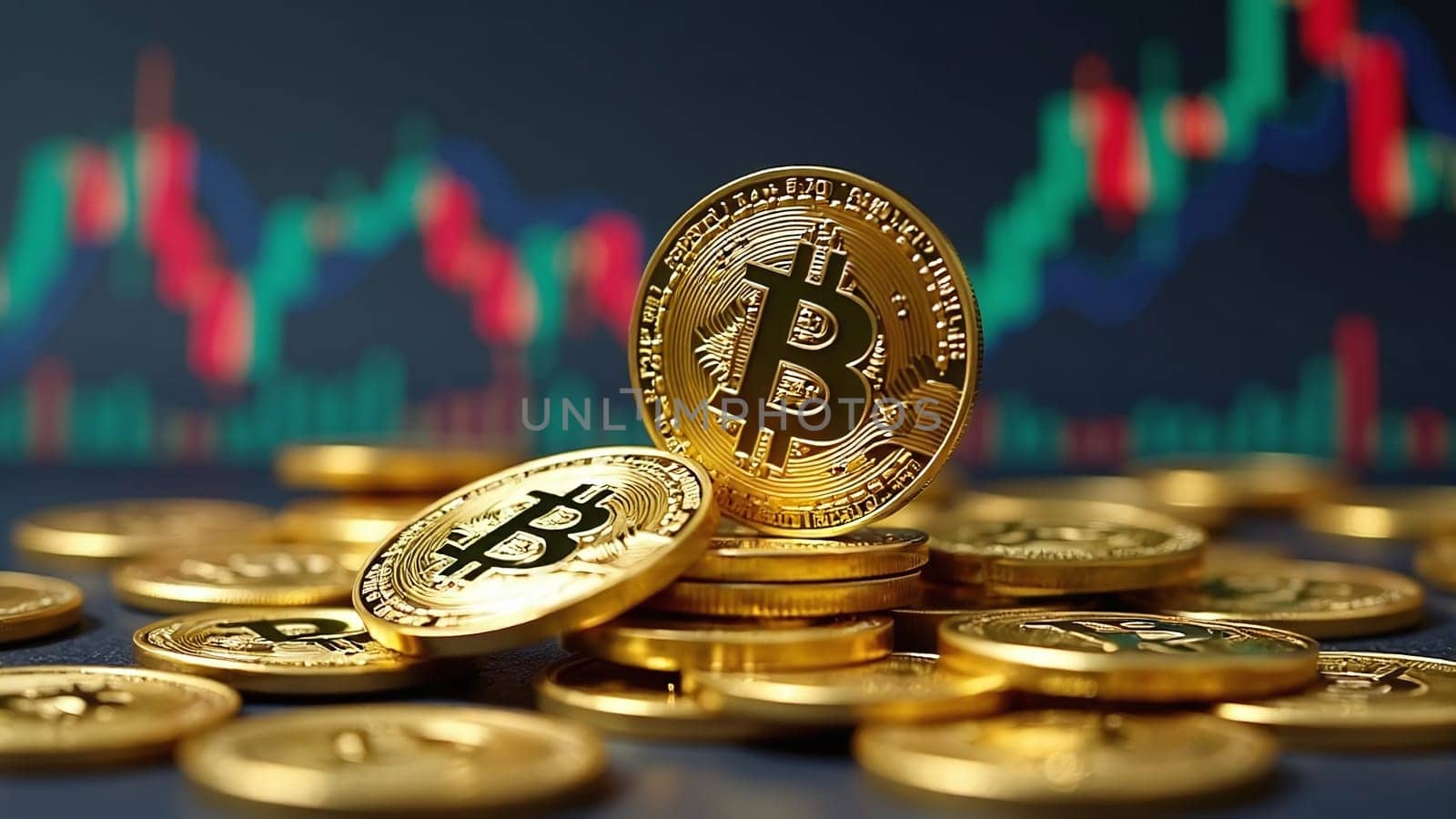 Concept of cryptocurrency trading on stock market and blockchain technology. Closeup golden coin with bitcoin logo, graphs and symbols. Decentralized digital currency. Crypto payment. Electronic money