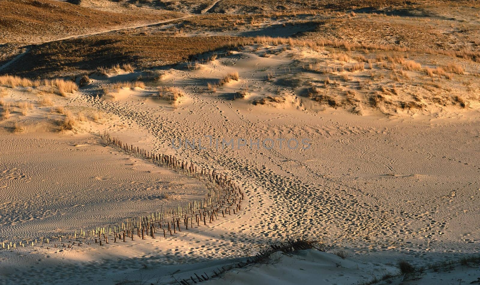 Early spring nature of nordic dunes, Baltic sea and Curonian spit, Nida, Klaipeda, Lithuania at sunset. Lines, rhythm and patterns of shadows and hills